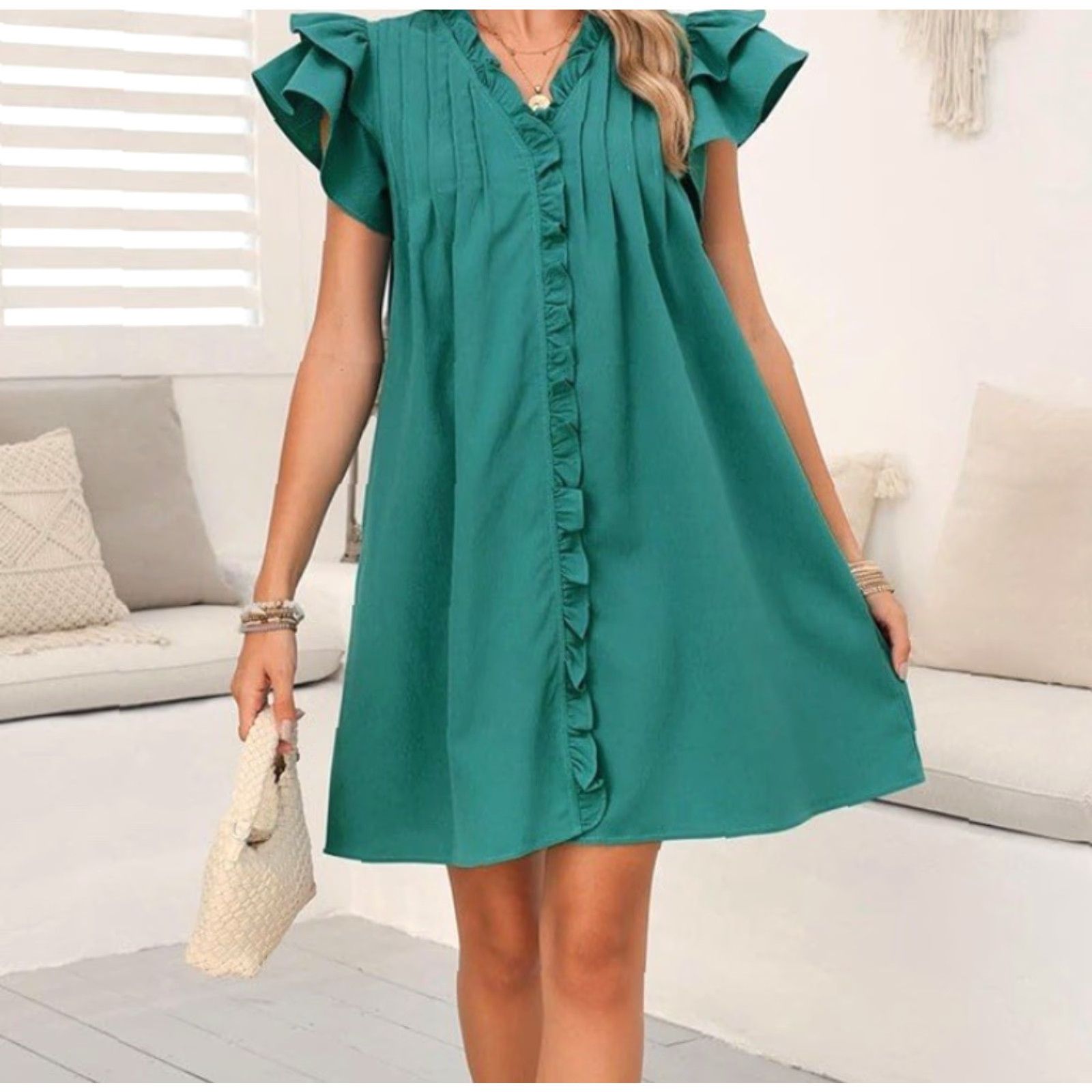 Vintage Womens Casual Short Sleeve Ruffle Mini Dress - Blue - Size M - New Size 32" / US 10 / IT 46 - 3 Thumbnail