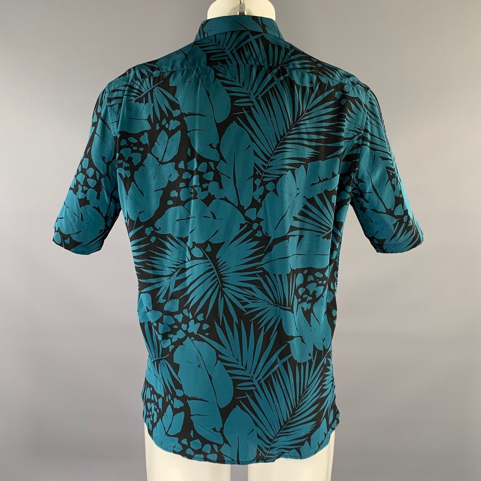 Saint Laurent Paris SAINT LAURENT S Turquoise Black Abstract Floral Silk Shirt Size US S / EU 44-46 / 1 - 4 Thumbnail