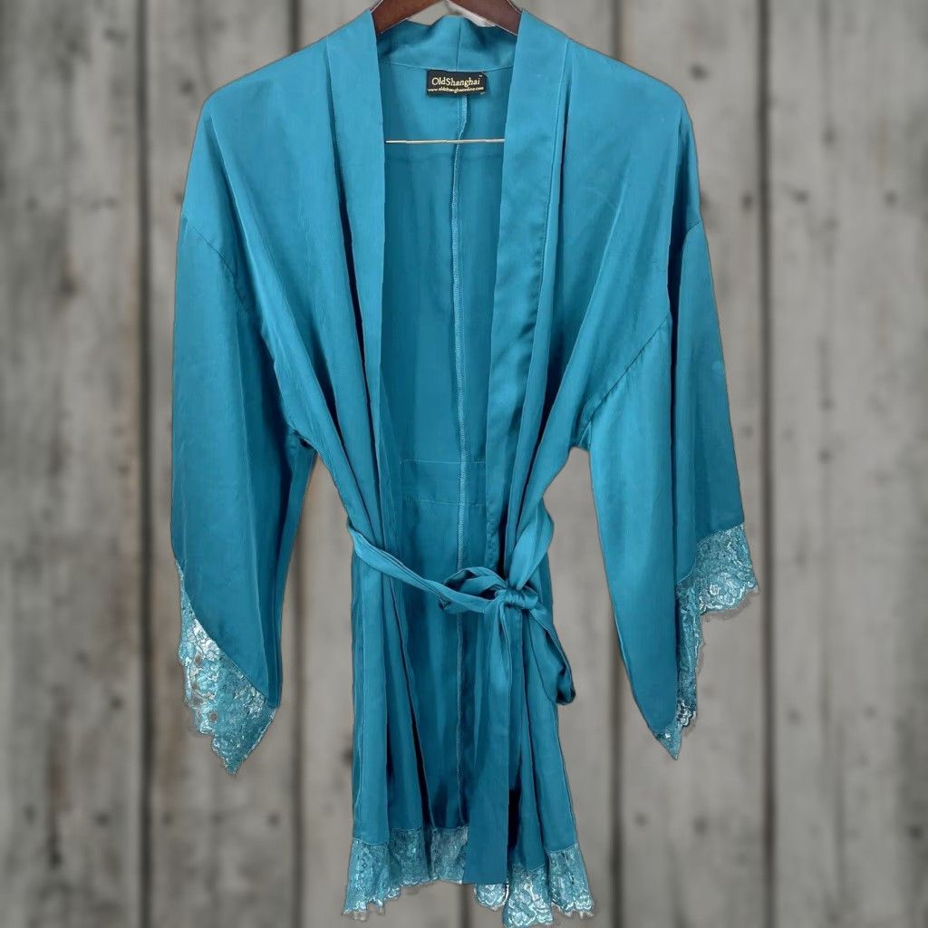 Vintage Old Shanghai Robe Womens Small Green Satin Kimono Lace Trim Tie Boho READ Size ONE SIZE - 1 Thumbnail