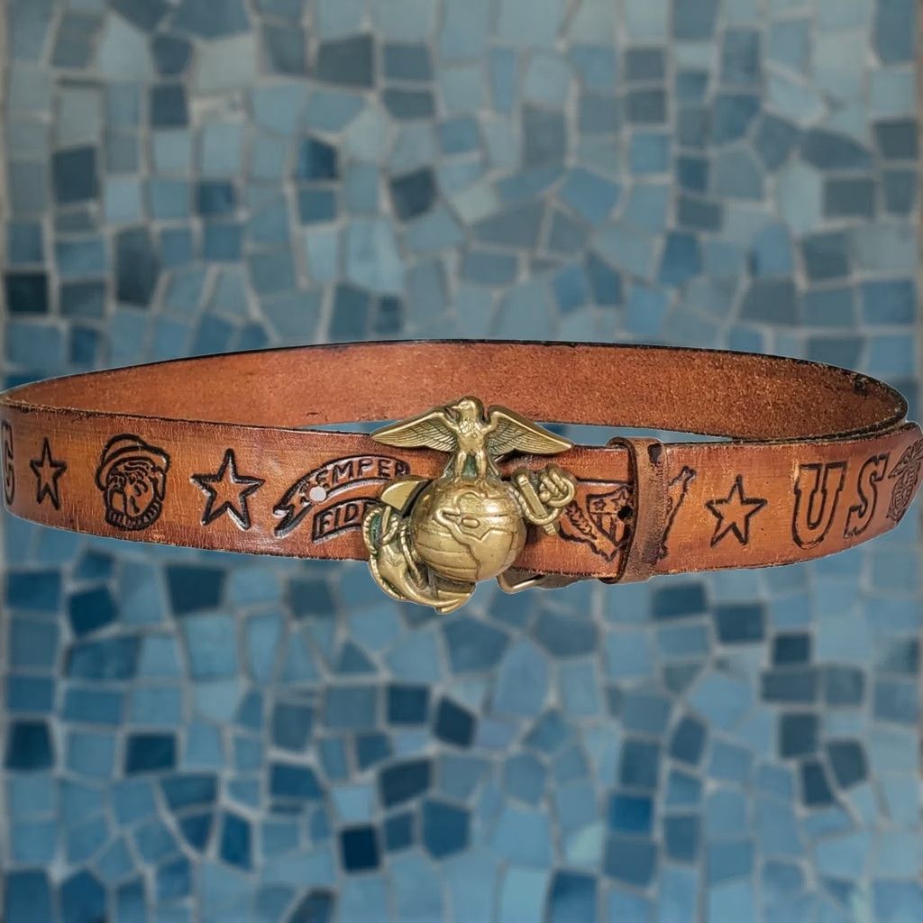 Vintage VINTAGE Baron Buckles USMC Marine Corps Brass Eagle Emblem Belt Buckle Leather Belt Mens Womens Adults Brown 1970s Size ONE SIZE - 1 Thumbnail