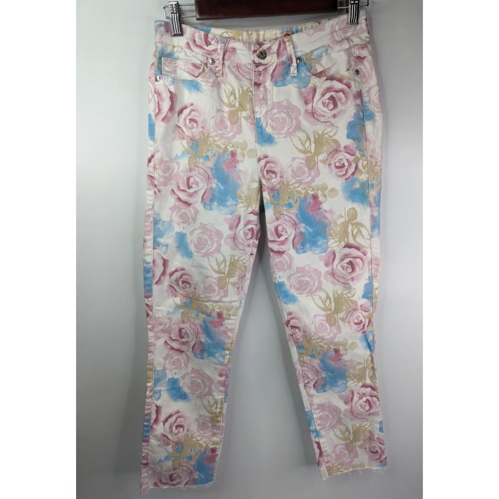 Guess G by Guess Jeans White Blue Pink Rose Floral High Rise Skinny Raw Hem Size 27 Size 27" / US 4 / IT 40 - 2 Thumbnail