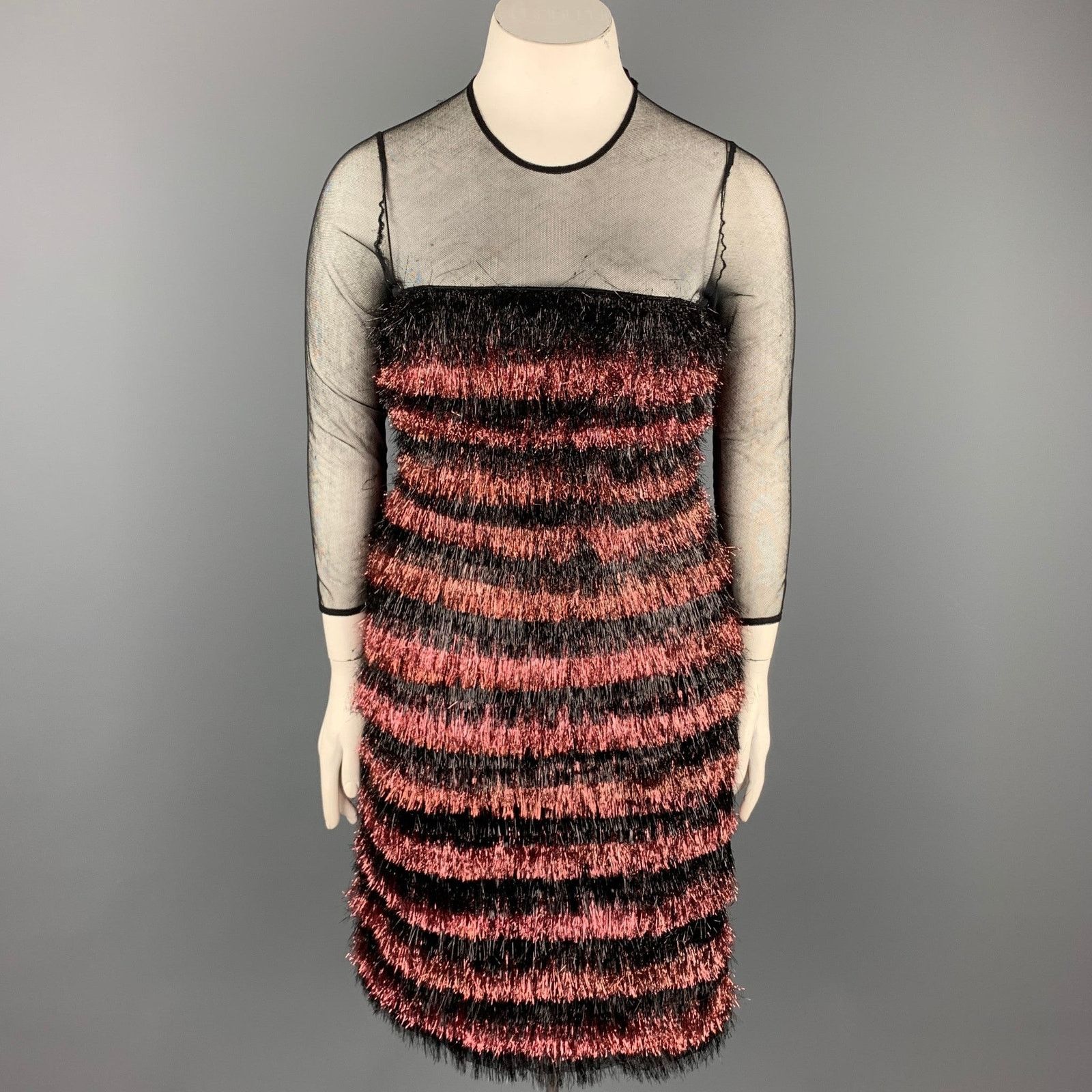 Burberry Prorsum Black & Pink Nylon / Polyester Tinsel Illusion Eyelash Dress Size L / US 10 / IT 46 - 1 Thumbnail