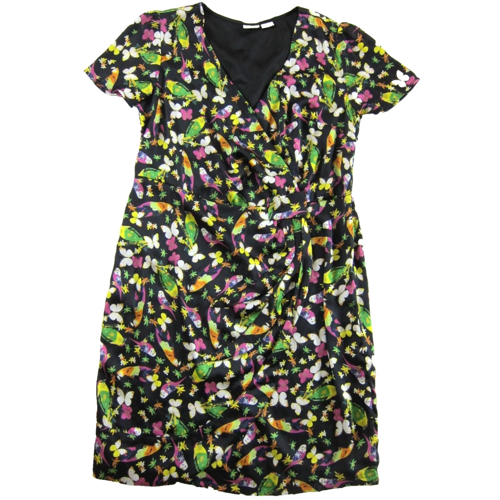 Vintage eShakti Black Pink Green Bird Short Sleeve V-Neck Sheath Wrap Dress Woman 2XL Size 40" / US 18 - 2 Thumbnail