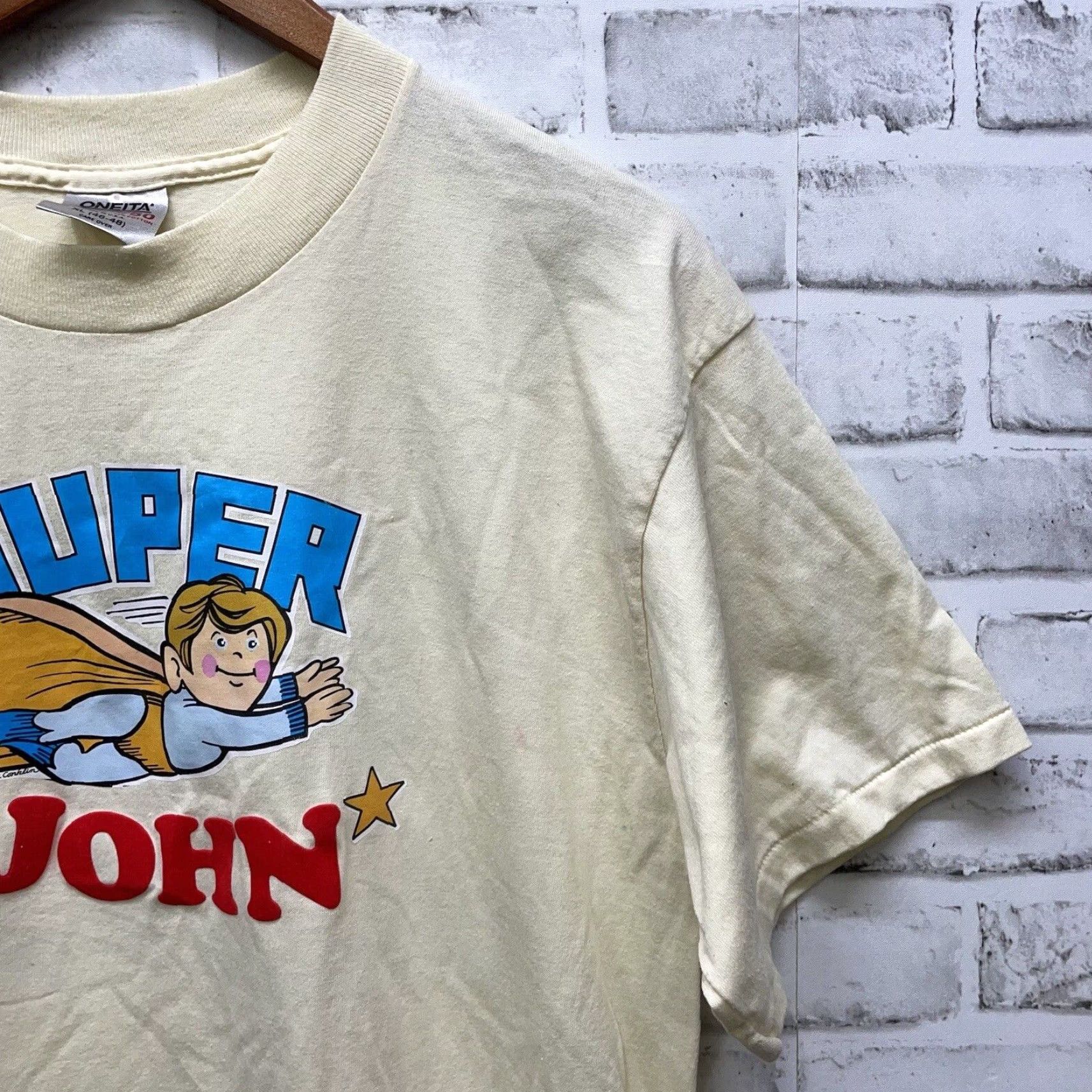Vintage VTG Oneita SUPER JOHN T-Shirt Mens XL Beige Graphic Stitch USA 1980s 90s Decade Tee Size US XL / EU 56 / 4 - 2 Thumbnail