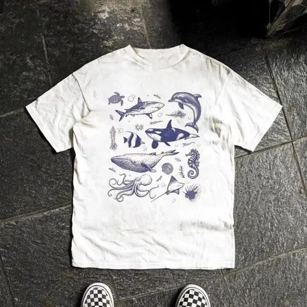 Japanese Brand VIBE White washed vintage whale print cotton t-shirt Size US M / EU 48-50 / 2 - 5 Thumbnail