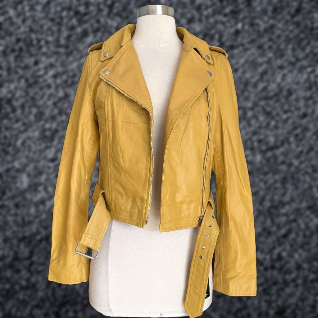 Vintage VINTAGE Santo by Paolo De Santo Yellow Lambskin Leather Moto Jacket XS Women Short Slim Biker, Motorcycle Fall Winter Spring Zip Leather Jacket Size XS / US 0-2 / IT 36-38 - 1 Thumbnail