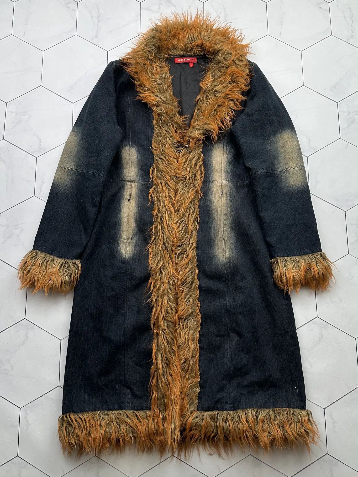 image of Miss Sixty Vintage Faux Fur Faded Denim Coat in Blue, Women's (Size Large)