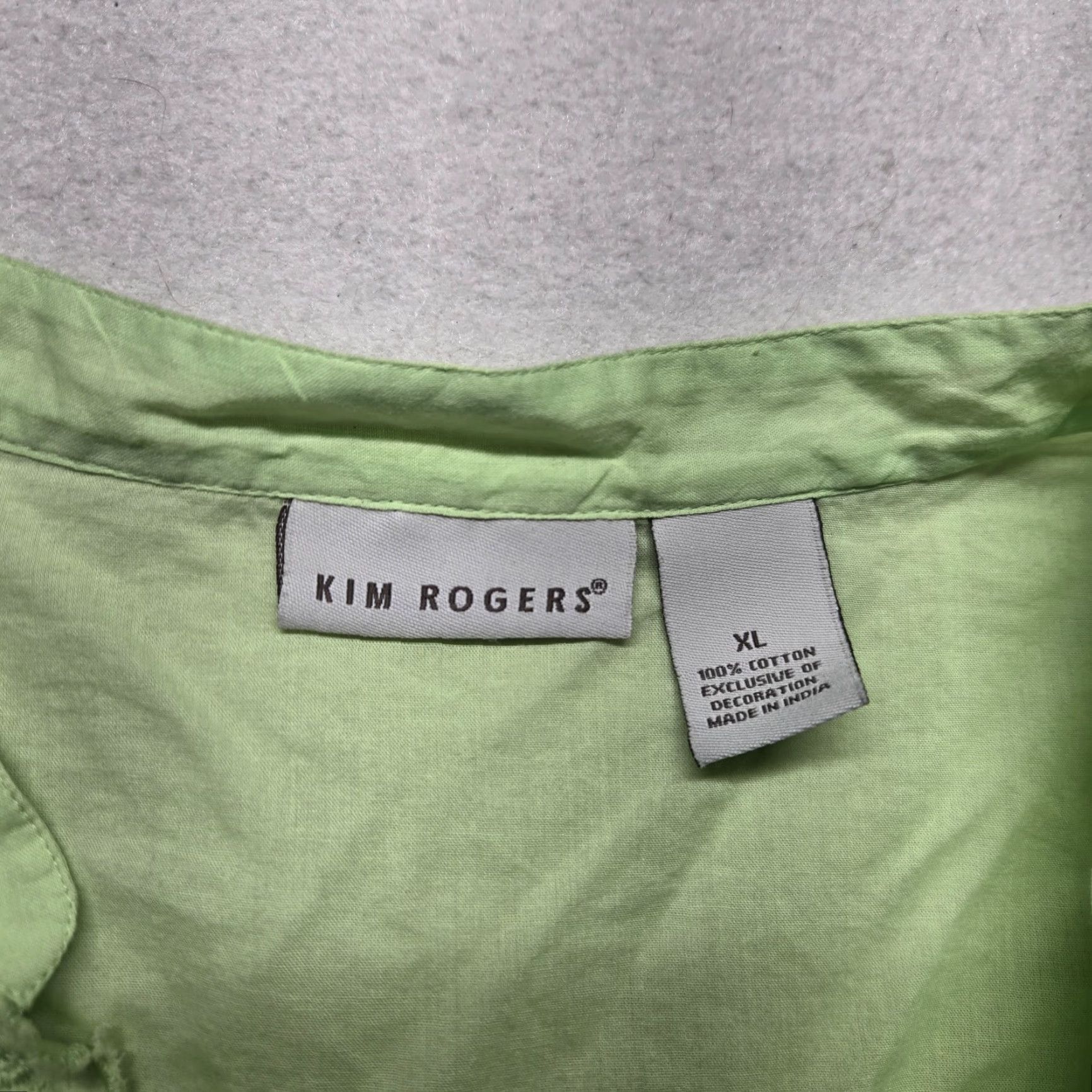 Vintage Kim Rogers Shirt Green Linen Tunic Top Women XL Short Sleeve Button Down V-Neck Fall Spring Summer Pullover Peasant Style Size XL / US 12-14 / IT 48-50 - 2 Thumbnail