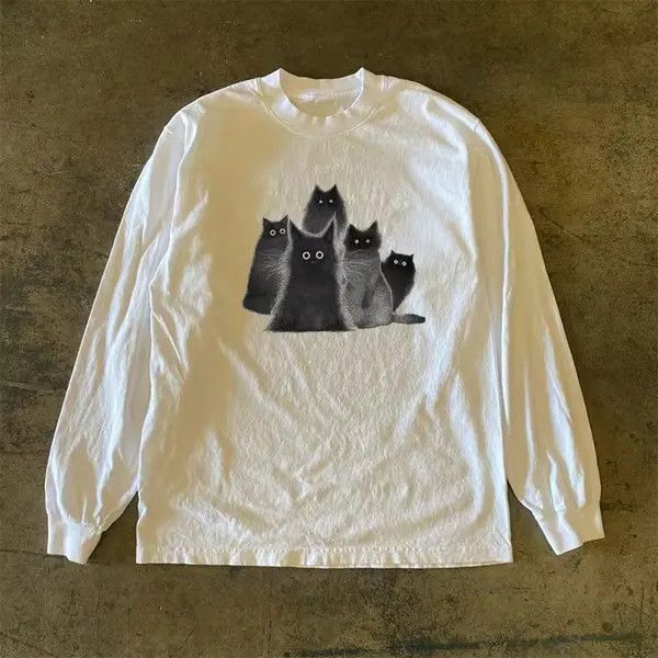 VIBE White street fashion cat print long sleeve t-shirt Size US L / EU 52-54 / 3 - 3 Thumbnail