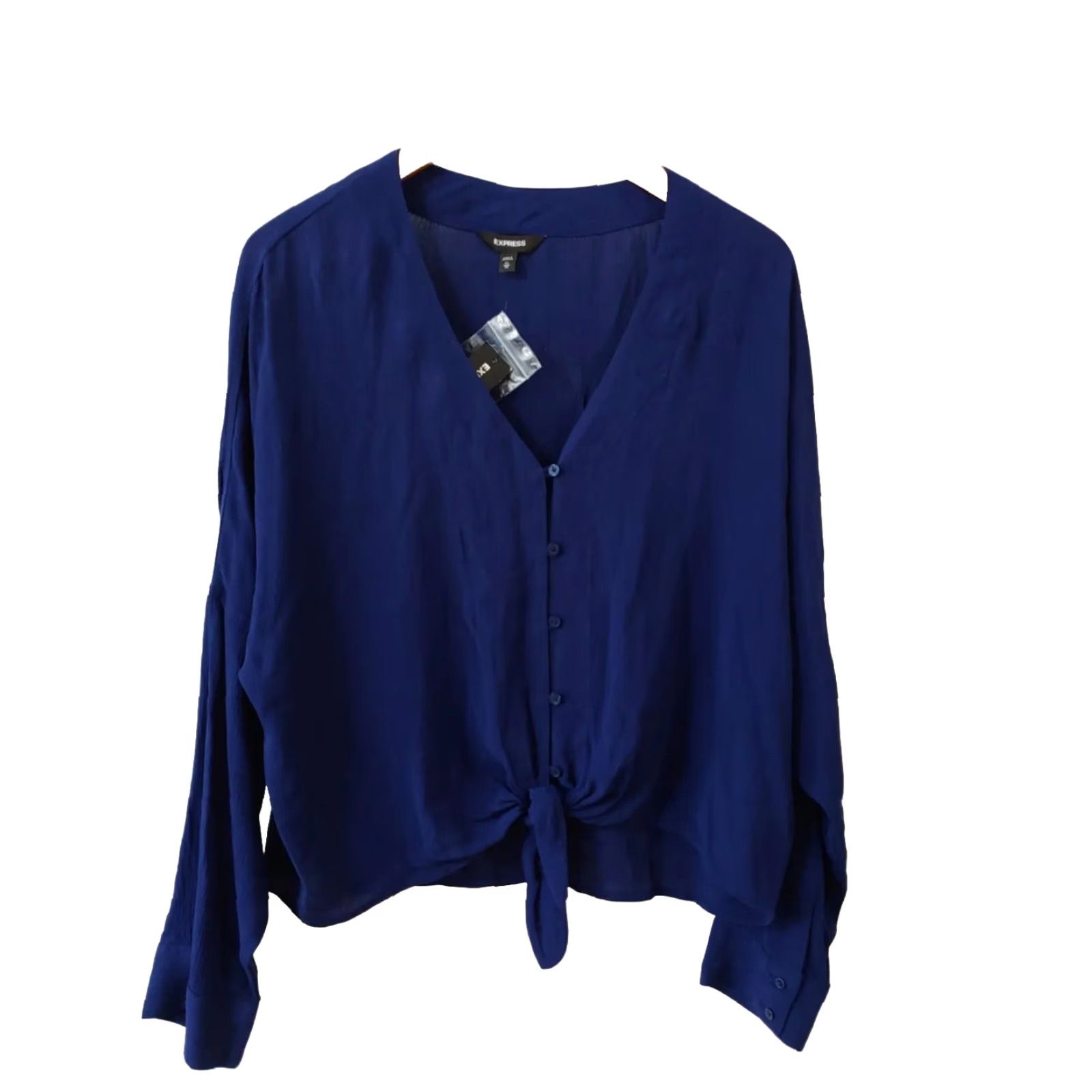 Express VINTAGE: No (omit) Express Top Womens XS Navy Blue V-Neck 3/4 Sleeve Button Tie Hi Low Front Hem Size XS / US 0-2 / IT 36-38 - 2 Thumbnail