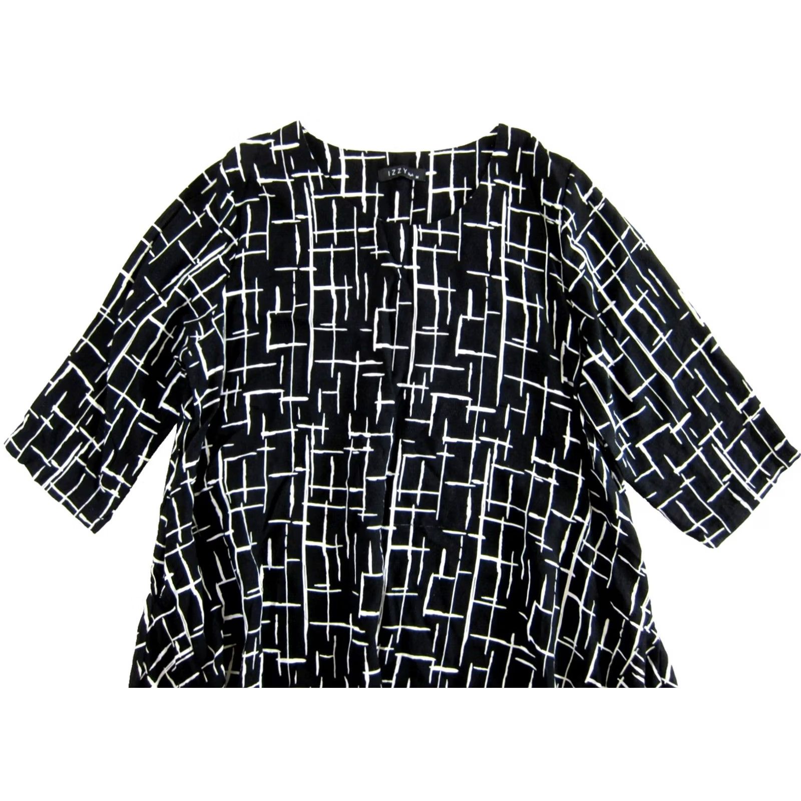 Vintage IZZY Style Black White Geometrical 3/4 Sleeve Pocket Tunic Smock Midi Dress M Size M / US 6-8 / IT 42-44 - 4 Thumbnail