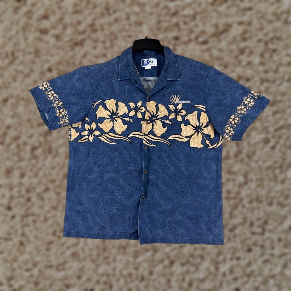 Vintage RJC Shirt Mens Extra Large Blue Beige Floral Hibiscus Button Up Hawaiian Resort Luau Aloha 90s Mens XL Blue Size US XL / EU 56 / 4 - 1 Thumbnail