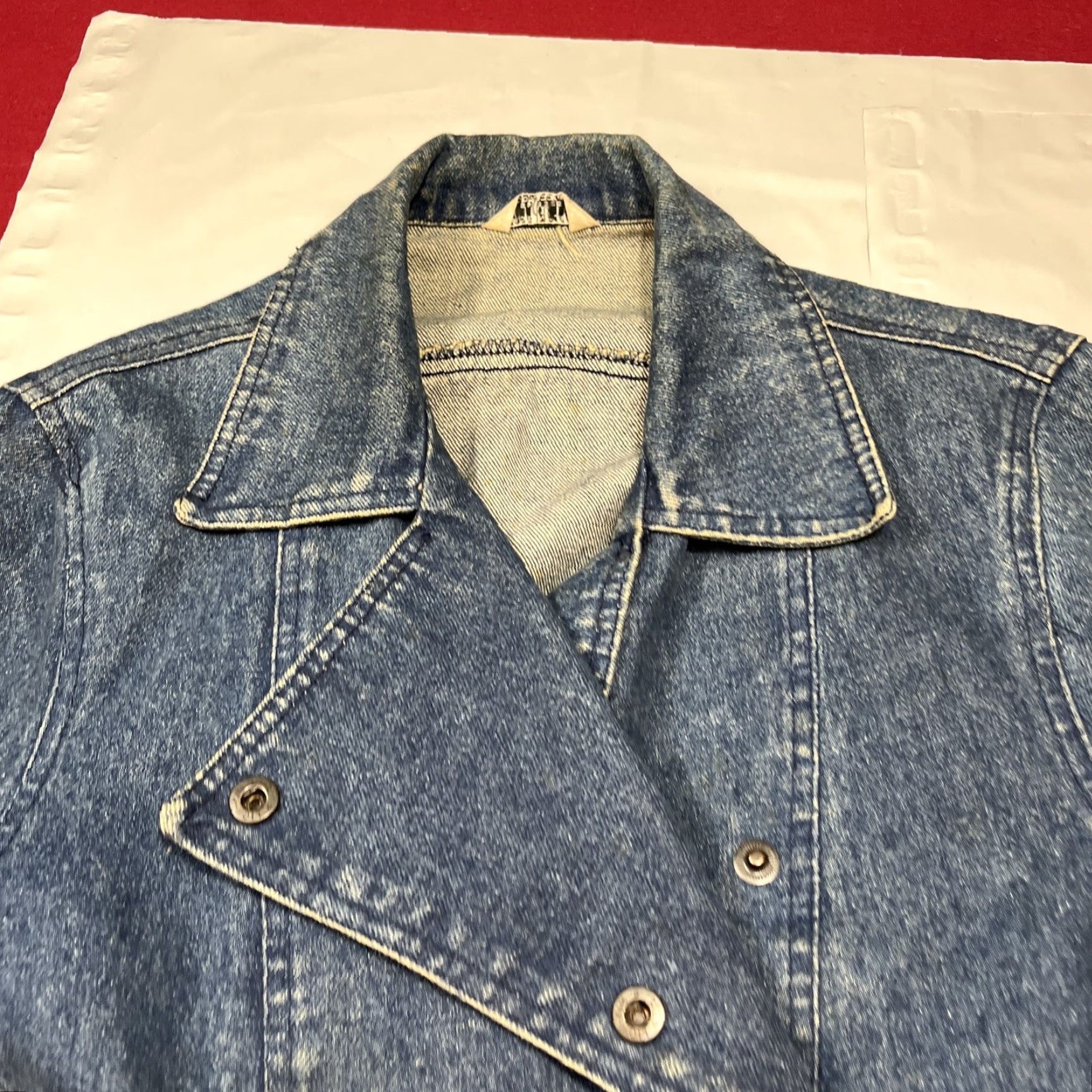 Vintage VINTAGE MOTO BIKER JEAN Jacket Women L Snap Up Fold Over notched Collar Pockets Size 36" / US 14 / IT 50 - 5 Thumbnail