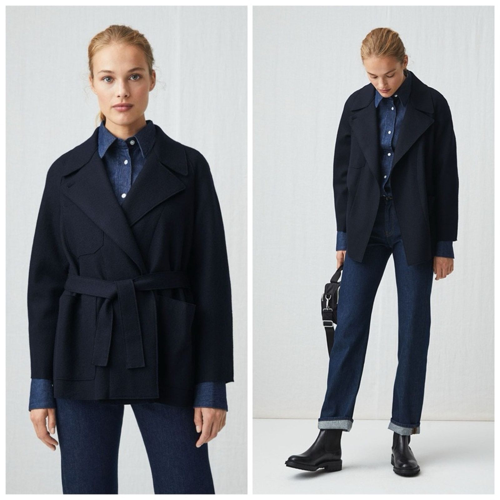 Arket NWT ARKET Belted Wool Jersey Jacket Dark Navy Blue Large Size L / US 10 / IT 46 - 1 Thumbnail