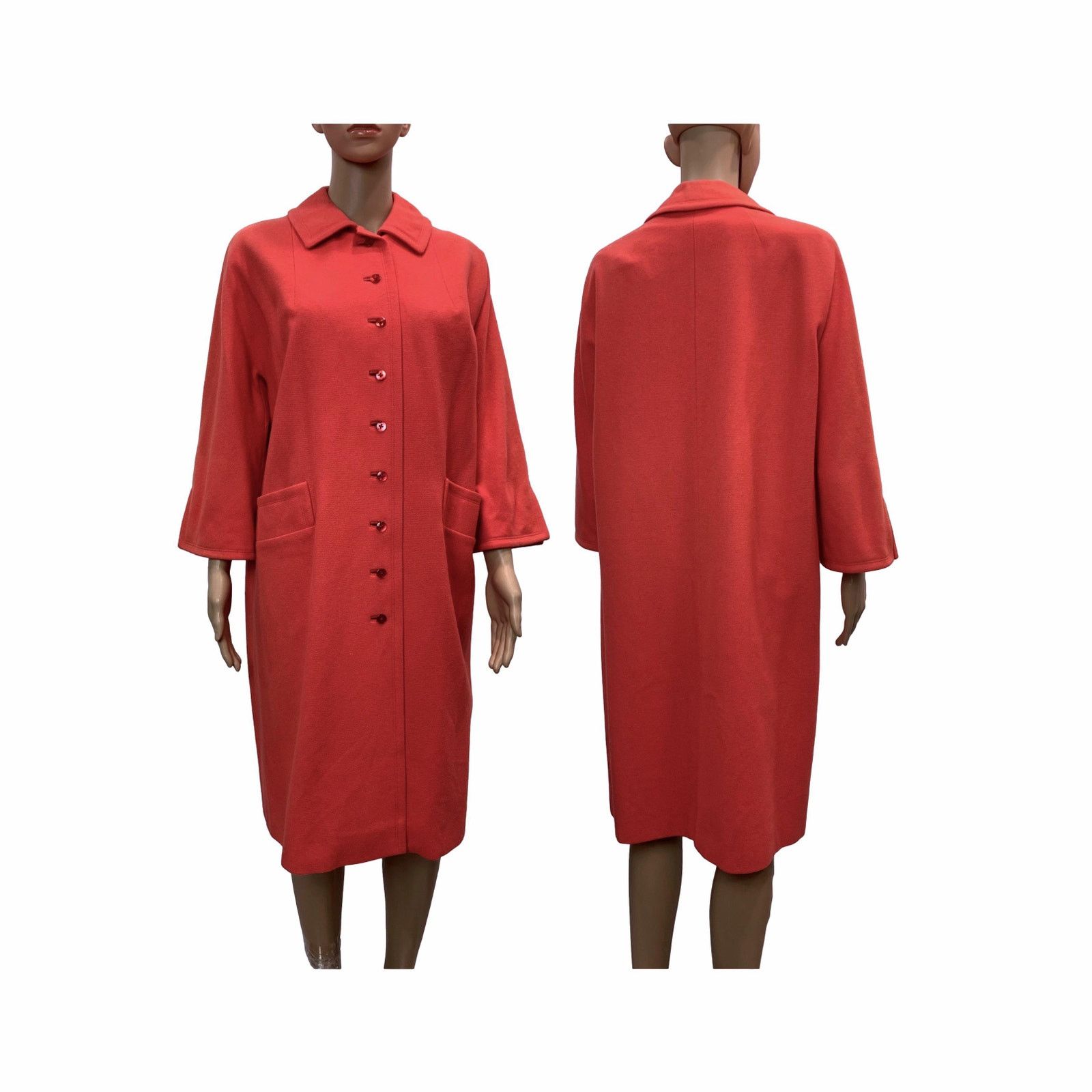 Vintage 60s Coral Orange Pink Wool Midi Coat | Overcoat Mid Century Size S / US 4 / IT 40 - 11 Thumbnail