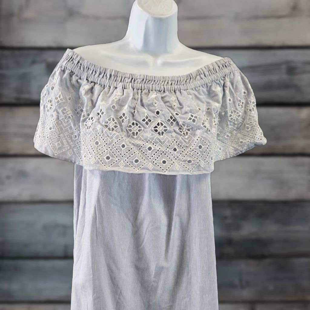 Loft Ann Taylor LOFT Womens Off The Shoulder Dress XS White Blue Embroidered Size XS / US 0-2 / IT 36-38 - 1 Thumbnail