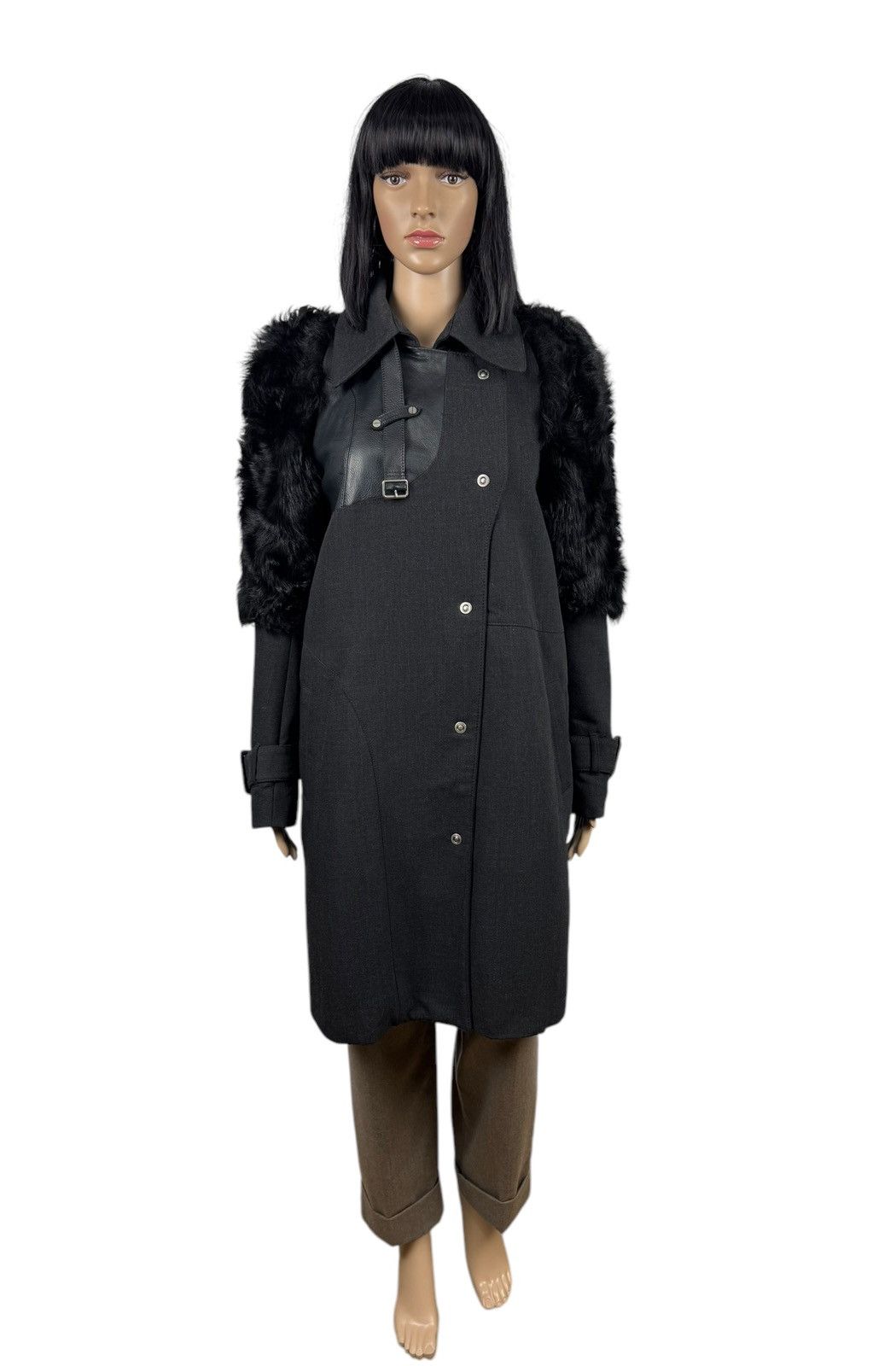 Designer Eudon Choi London Coat Wool-Leather & Real Fur Details UK10 Size M / US 6-8 / IT 42-44 - 2 Thumbnail