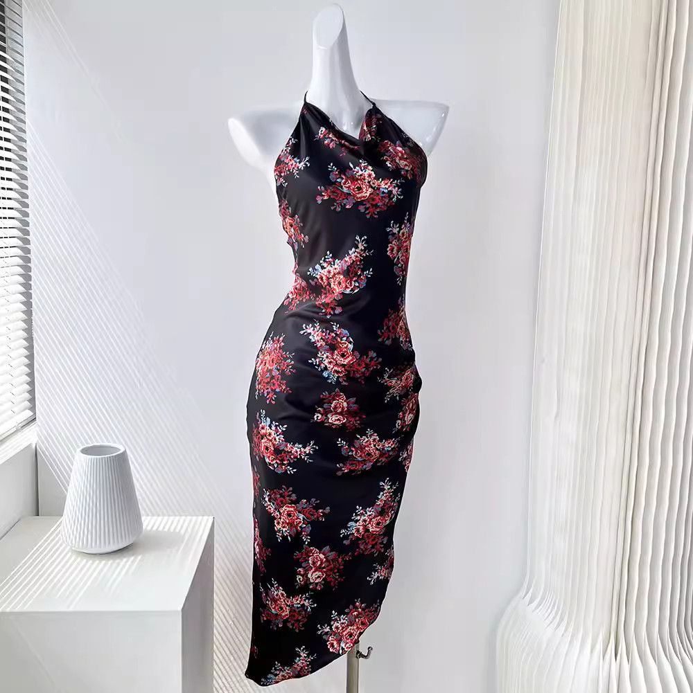 image of Vintage Haute Couture Satin Print Halter Vintage Dress in Black, Women's (Size Medium)