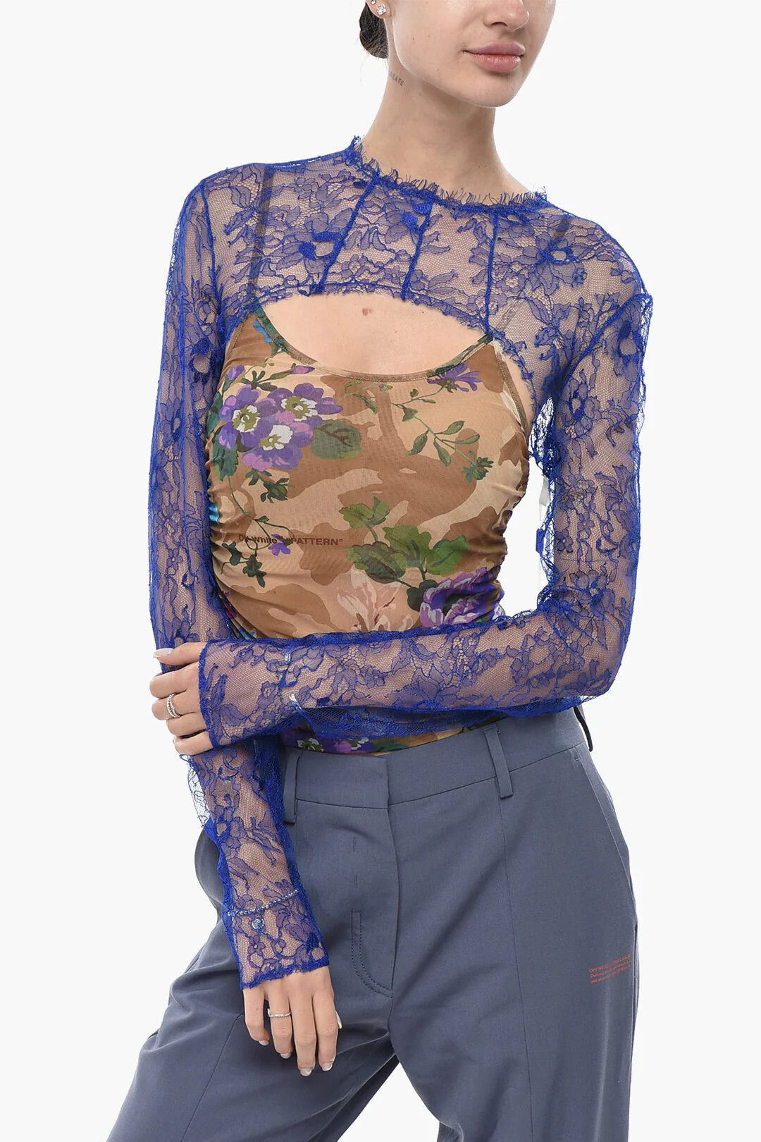 Off-White og1mm0426 Lace Off-Shoulder Top in Blue Size S / US 4 / IT 40 - 1 Thumbnail