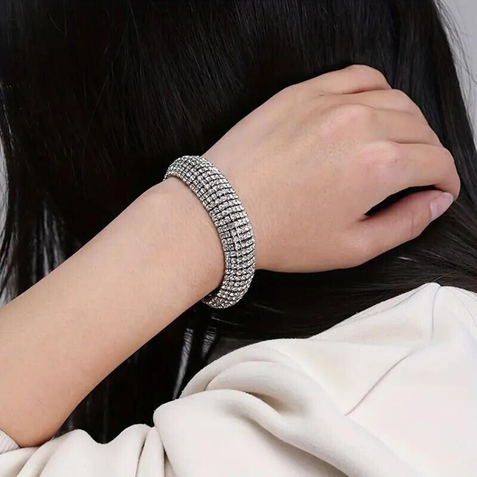 Other Stunning 7 Row Hand Set Rhinestone Studded Bracelet •Silvery Size ONE SIZE - 3 Thumbnail