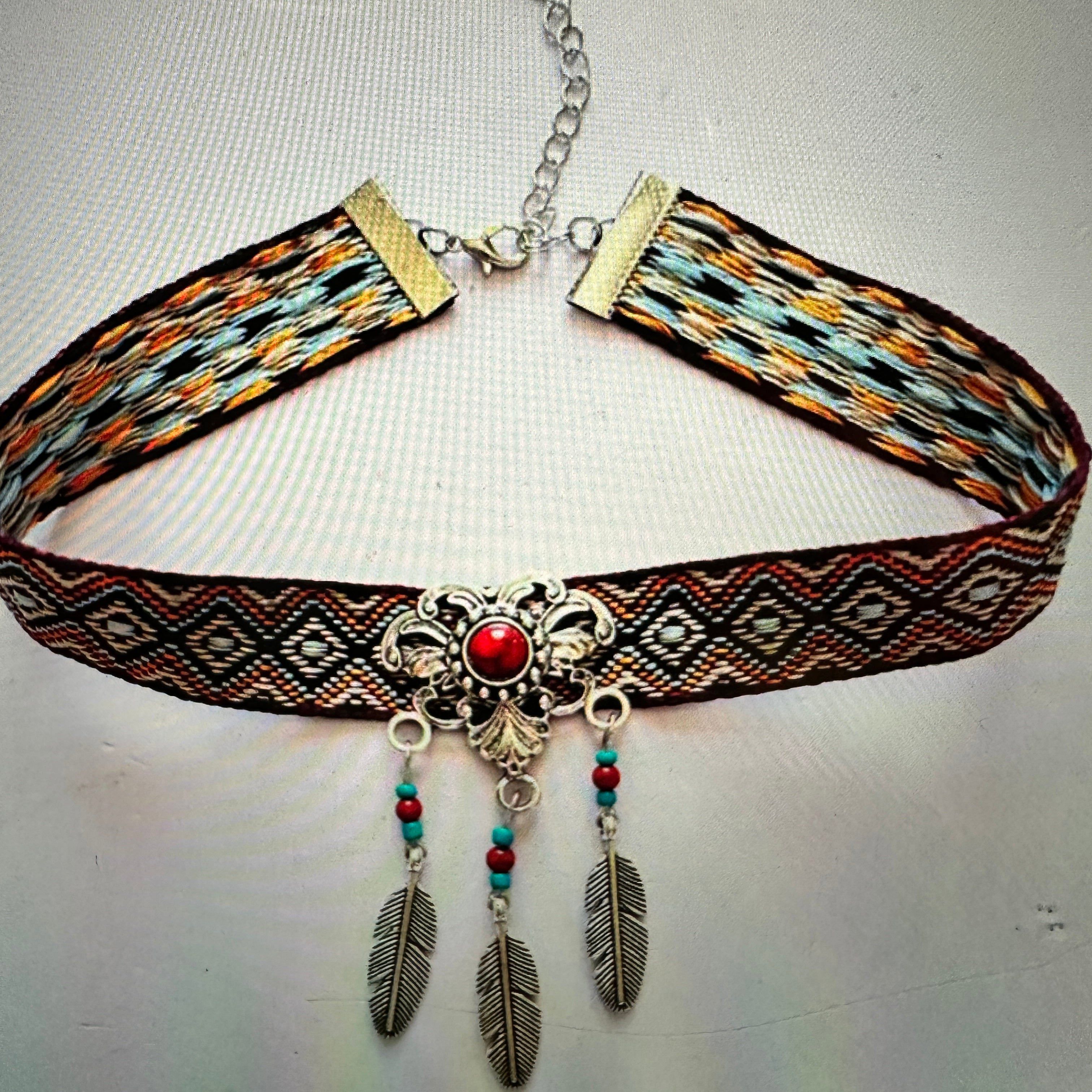Other Handcrafted Bohemian Coral & Feather Choker Necklace with Gi Size ONE SIZE - 9 Thumbnail