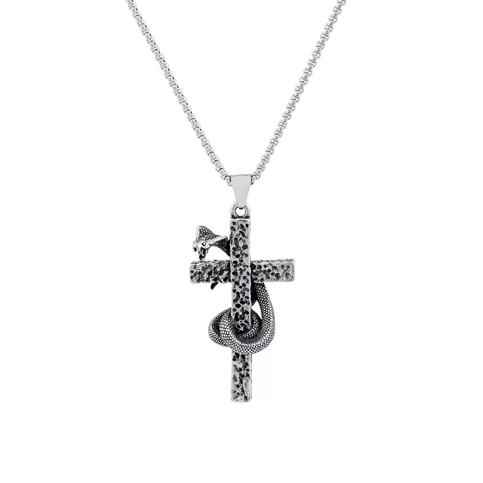 Japanese Brand Silver Cross Pendant Necklace with Snake Detail Size ONE SIZE - 5 Thumbnail