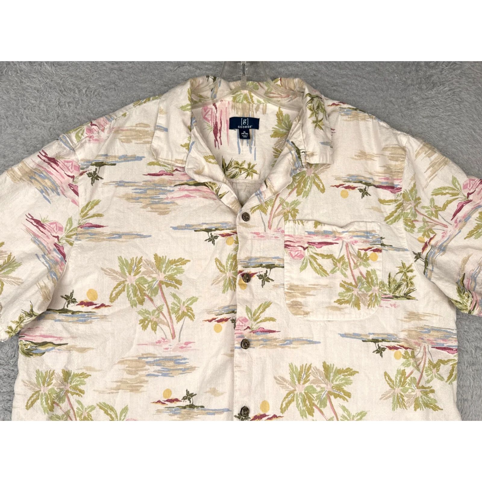 George George Shirt Adult XL Ivory Palm Hut Sunset Floral Hawaiian Cotton Blend Button-Up Casual Mens 90s Theme Size US XL / EU 56 / 4 - 4 Thumbnail