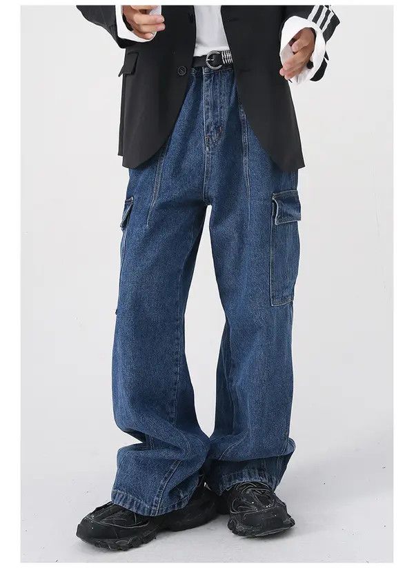 Japanese Brand Momoko x Yuki Blue Washed Distressed Straight Cargo Jeans Size US 32 / EU 48 - 4 Thumbnail