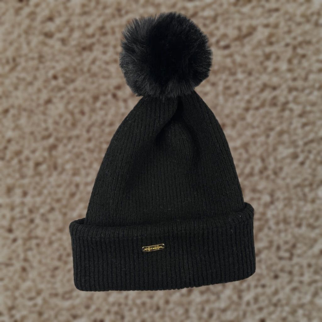 Steve Madden Steve Madden Beanie Toque Hat Womens One Size Black Knit Acrylic Blend Stretch Pom Size ONE SIZE - 1 Thumbnail