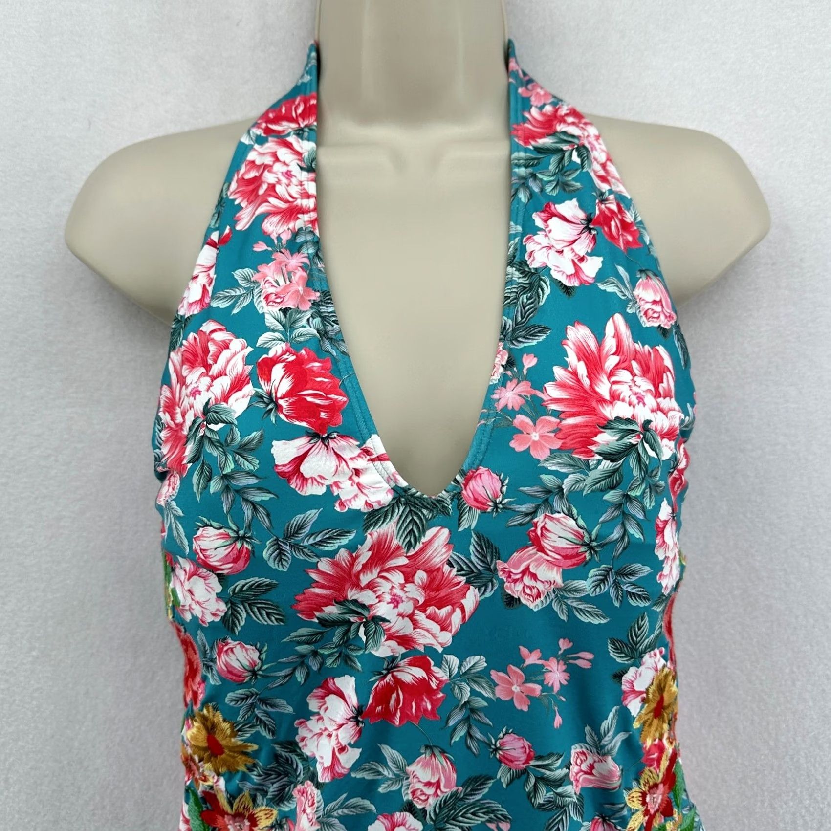 Johnny Was Johnny Was Floral Halter One Piece Swimsuit Embroidered Boho Size 1X Multicolor Blue Pink Built-In Bra Lined Stretch Runs Small Womens Size ONE SIZE - 3 Thumbnail