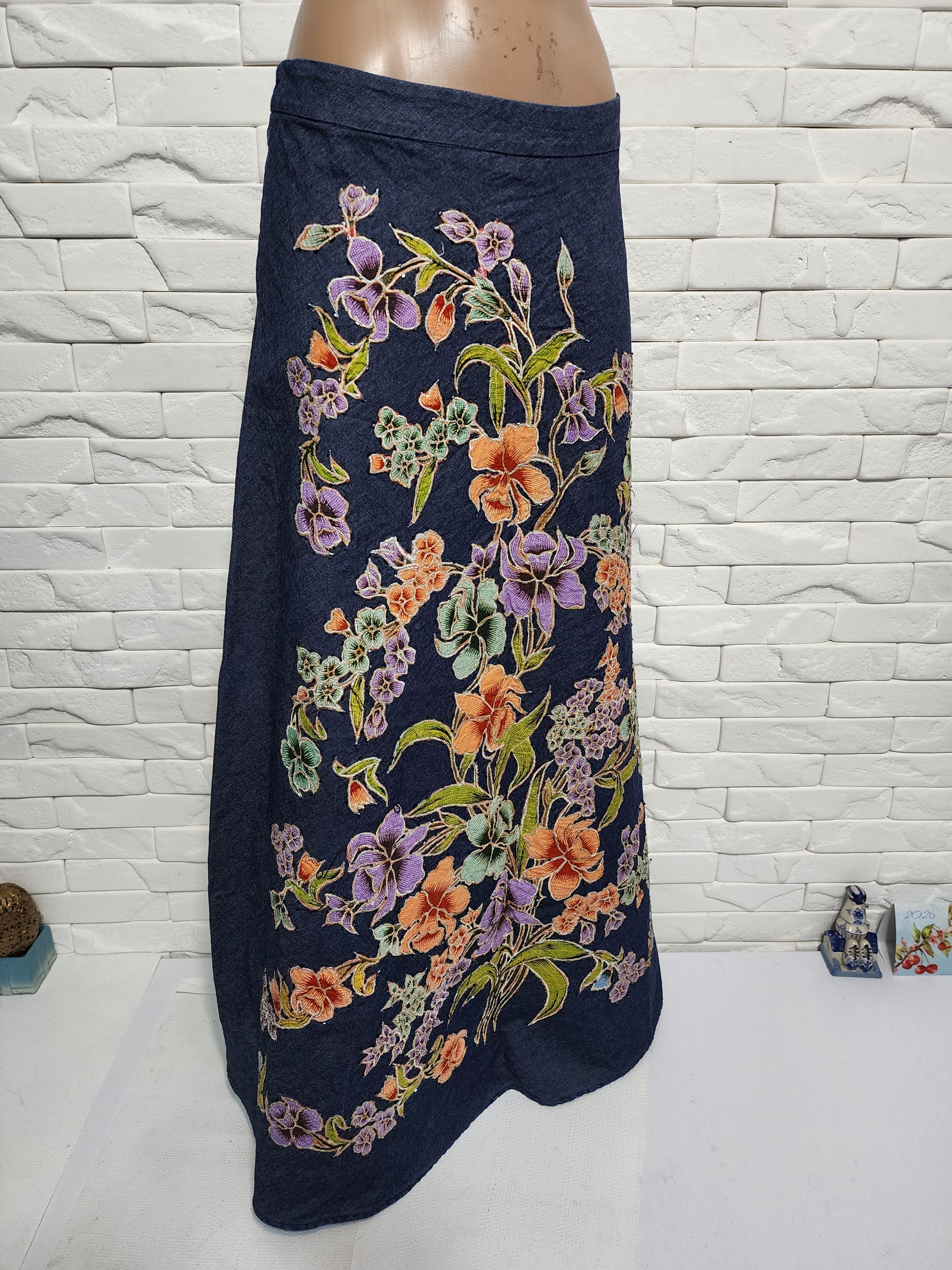 Other Blue Cotton Skirt: Flared Skirt with Embroidery and Beads. Size 30" / US 8 / IT 44 - 2 Thumbnail