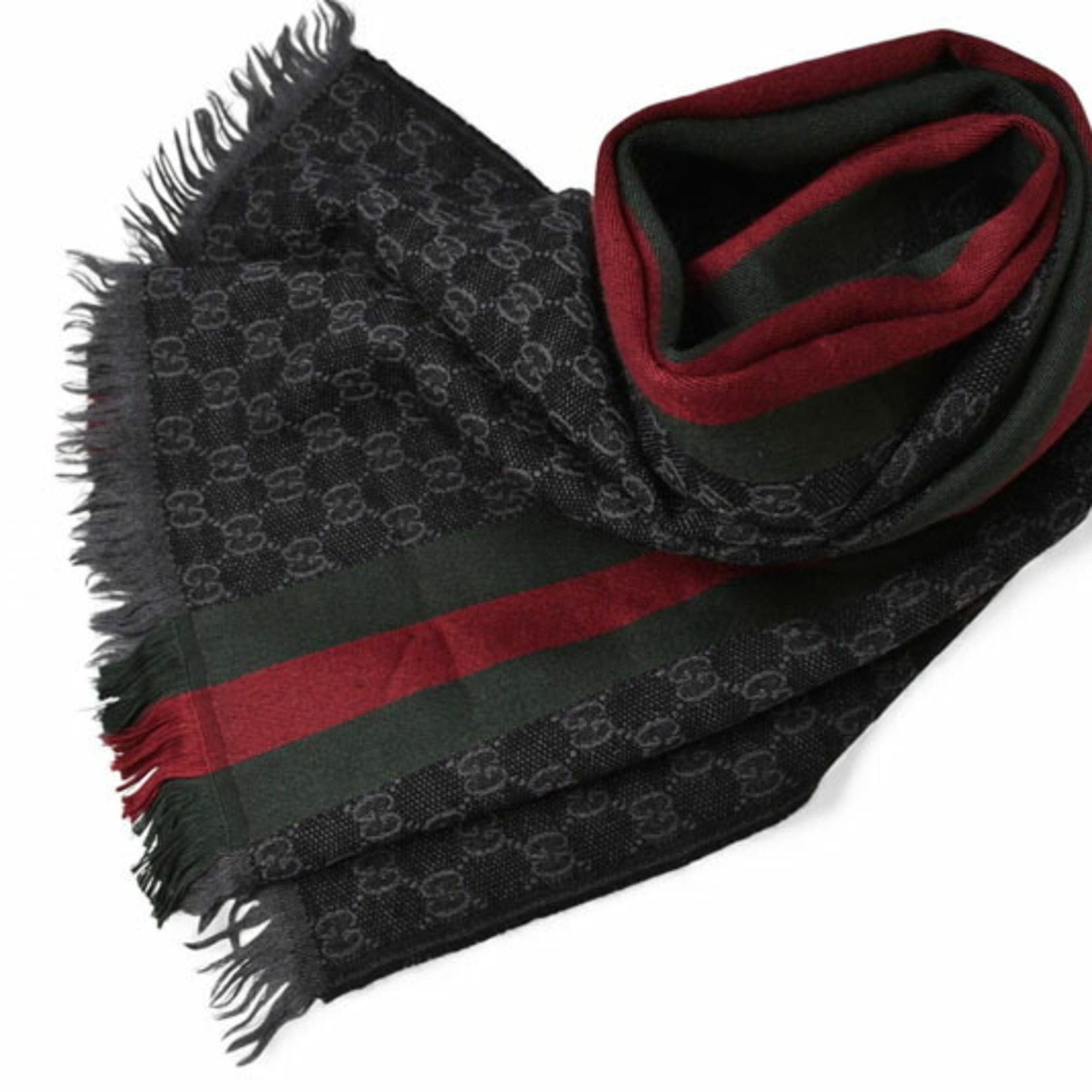 Gucci Gucci Winter Scarf, Wool and Silk with GG Pattern Webbing Lines, 147351, Gray Black Size ONE SIZE - 1 Thumbnail