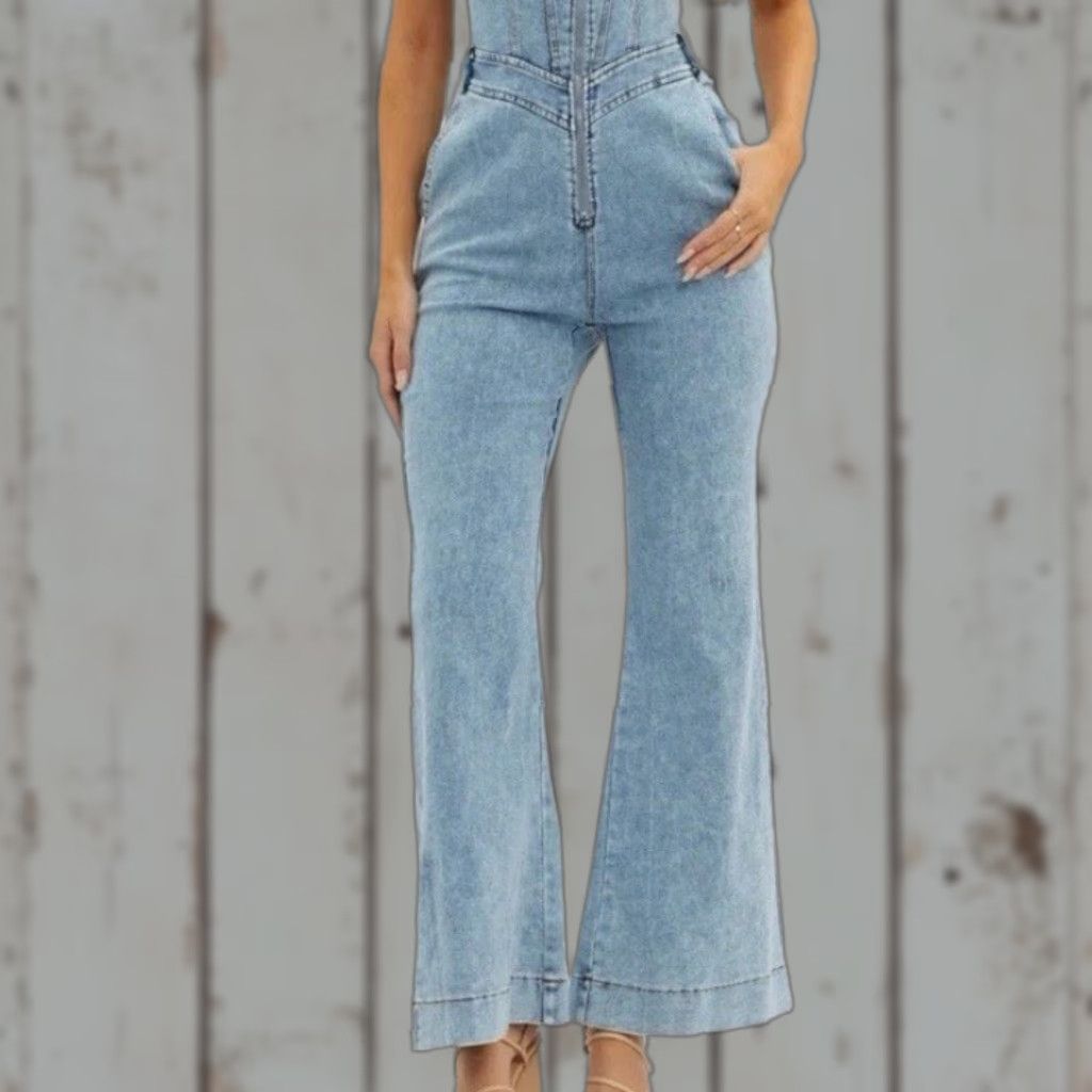 Selfie Leslie Denim Jumpsuit Women M Flared Wide Leg Zip Front Overalls