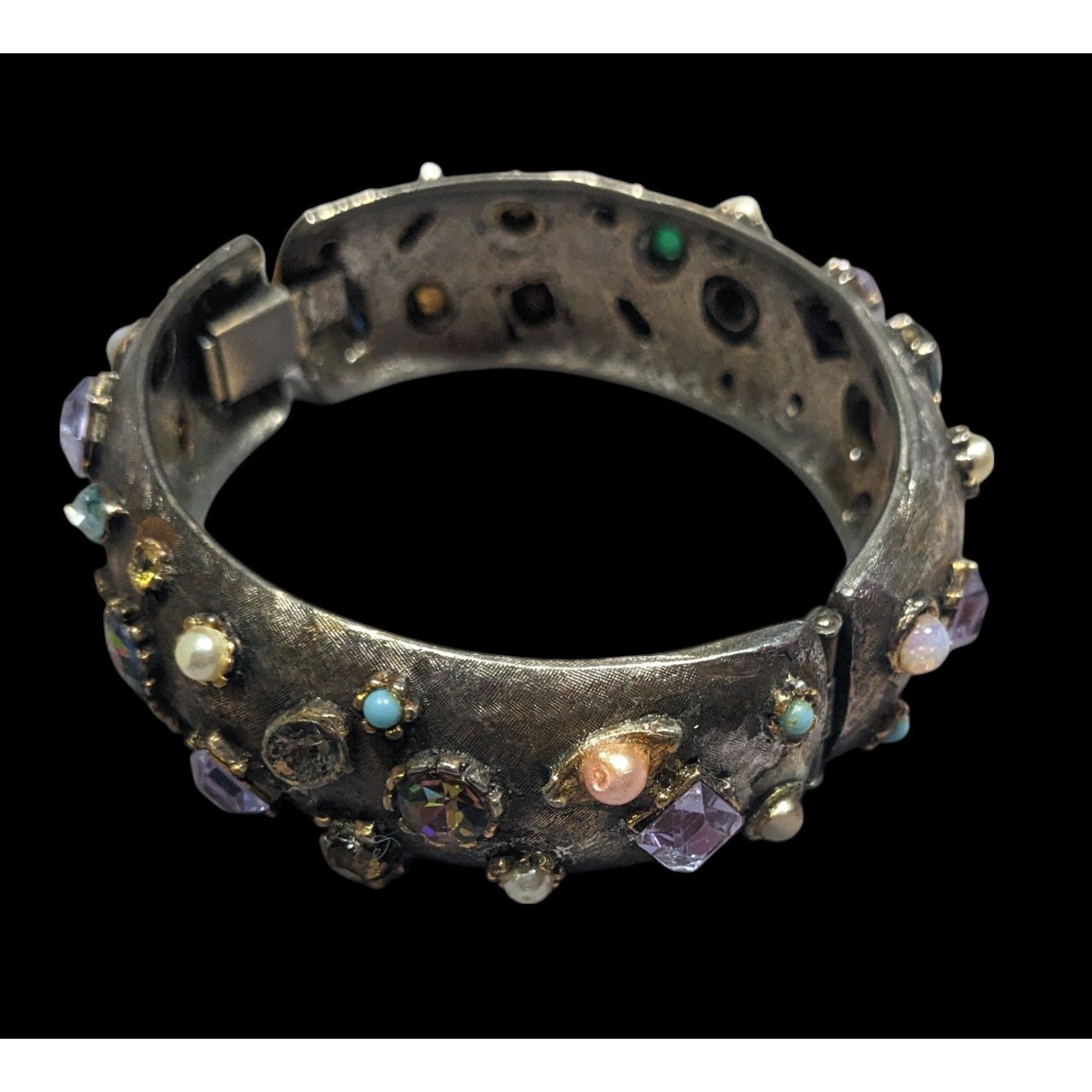 Other Vintage Brutalist Glam Multi Gemmed Gold Tone Hinge Bracelet Size ONE SIZE - 2 Thumbnail