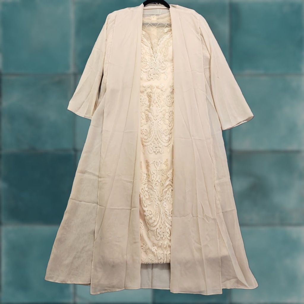 Formal Dress Jacket Set Size 10 Champagne Gold Beaded Lace Chiffon Sheath  Party