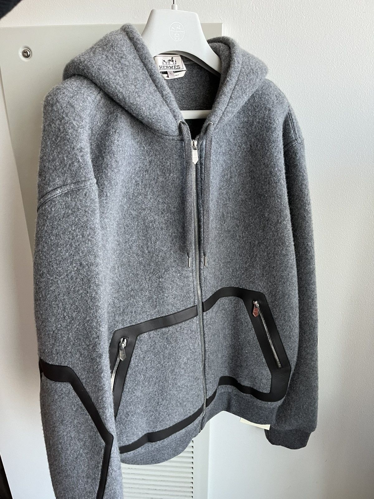Hermes $5k Super Runway Leather Cashmere Hooded Sweater