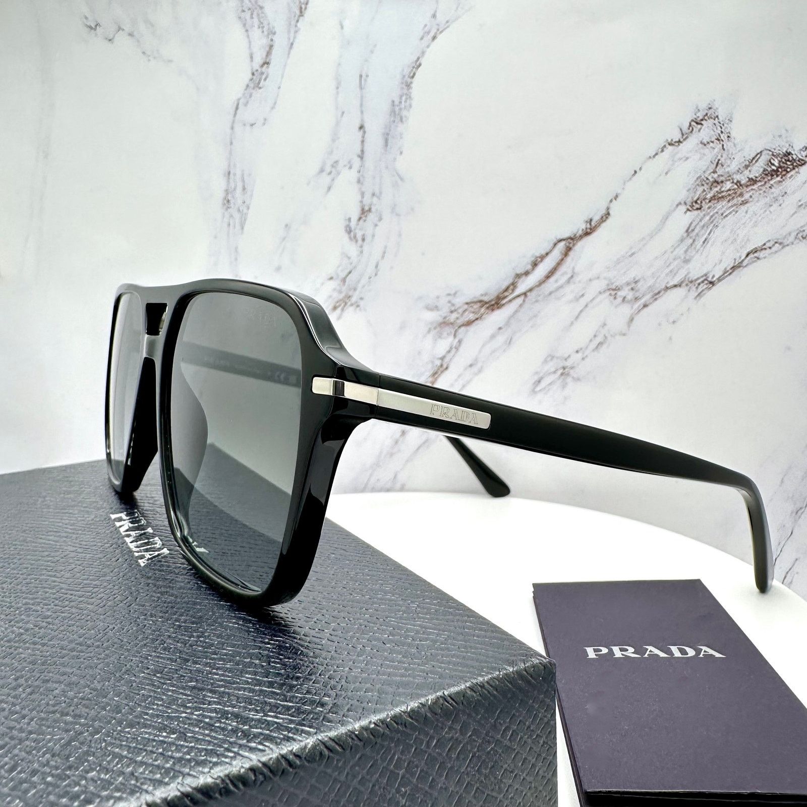 Prada NEW PRADA Sunglasses Black Aviator Pilot Grey Lens Side Logo Size ONE SIZE - 15 Thumbnail