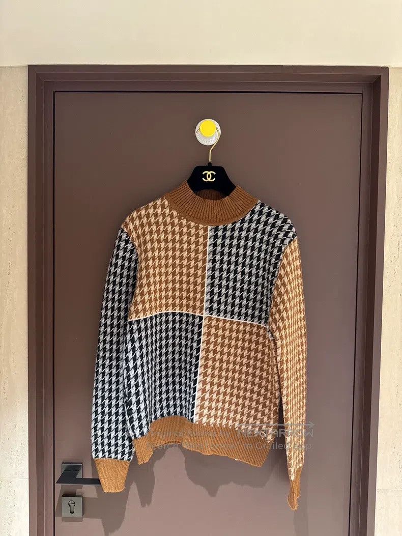 Hermes Hermes Houndstooth Color Blocked Mock Neck Sweater Size XS / US 0-2 / IT 36-38 - 1 Thumbnail