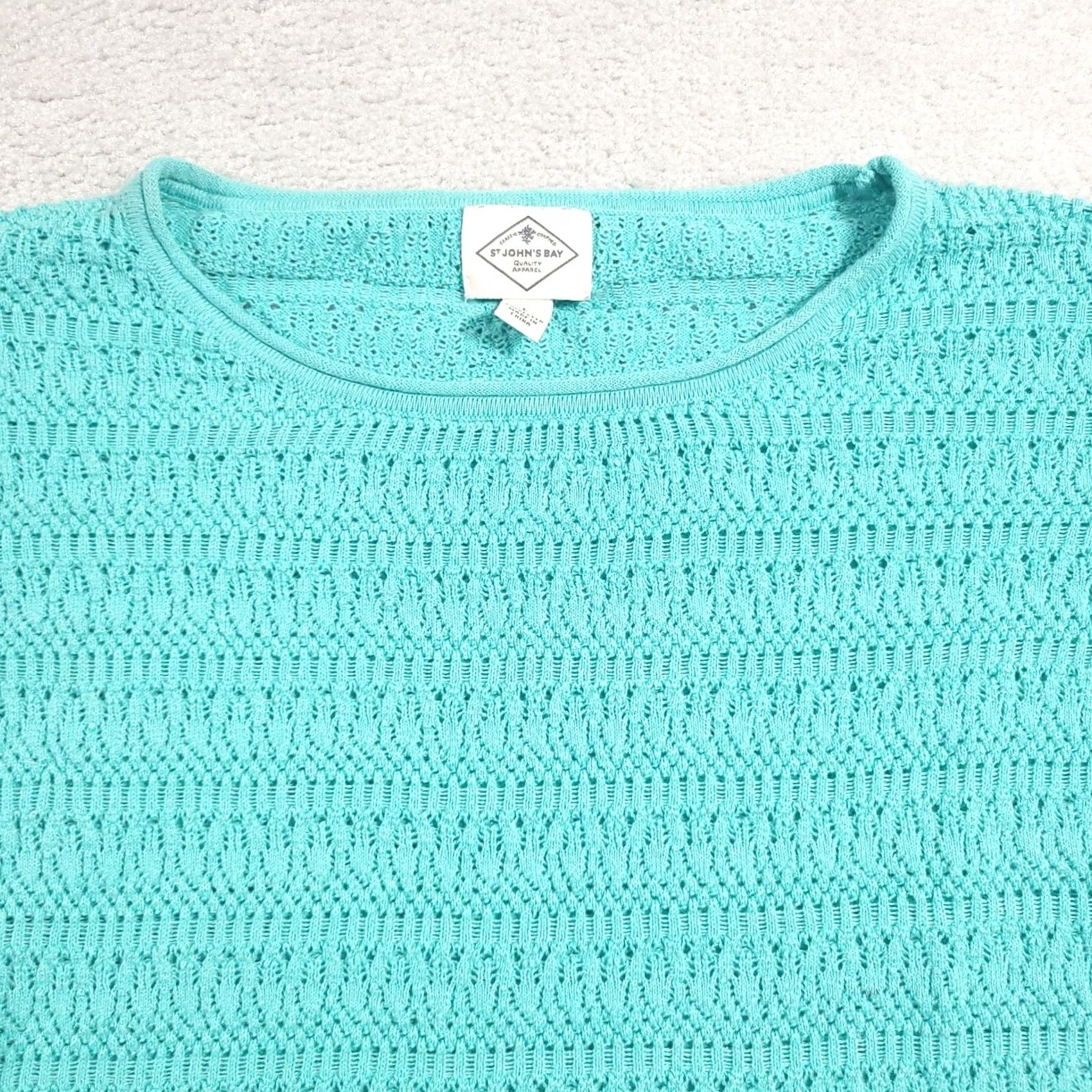 Vintage St. John's Bay Sweater Women's Large Green Round Neck Classic Open Knit 3/4 Sleeve Size L / US 10 / IT 46 - 3 Thumbnail