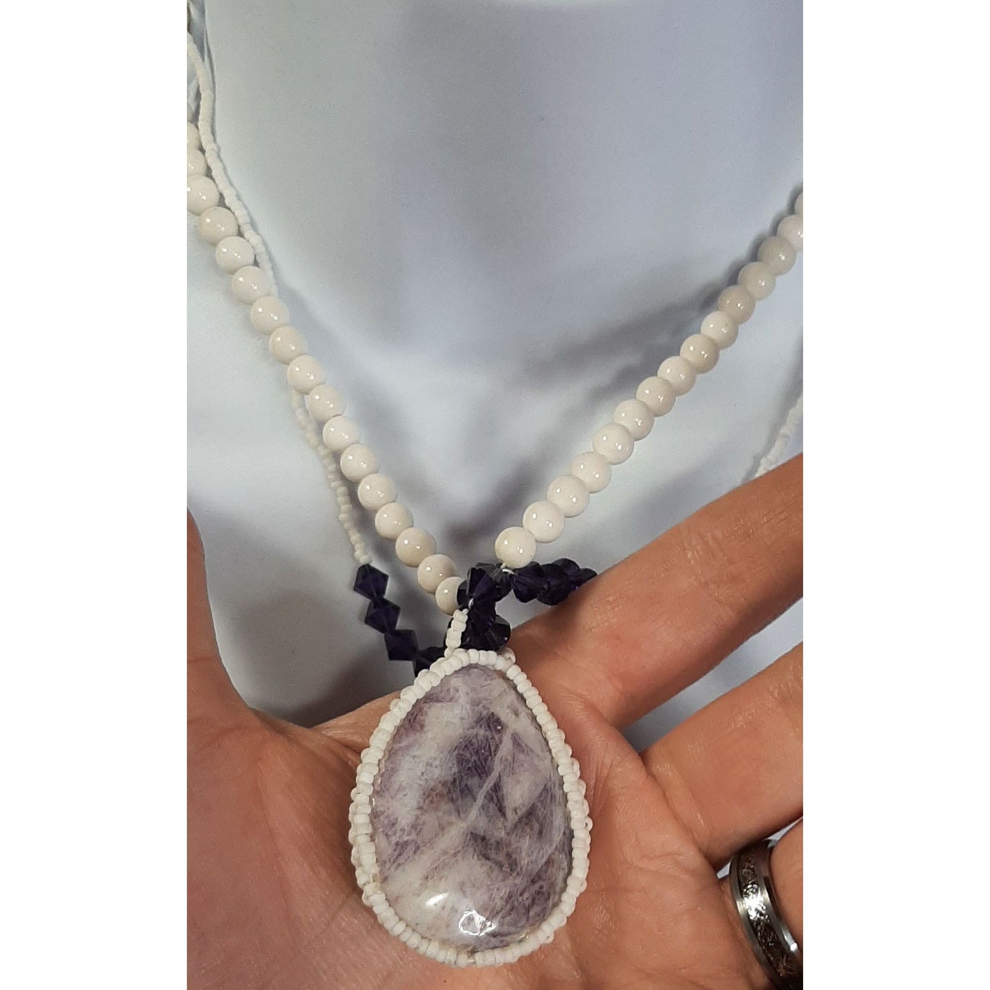 Handmade Handmade Beaded Necklace With Amethyst Pendant & White Beads Size ONE SIZE - 3 Thumbnail