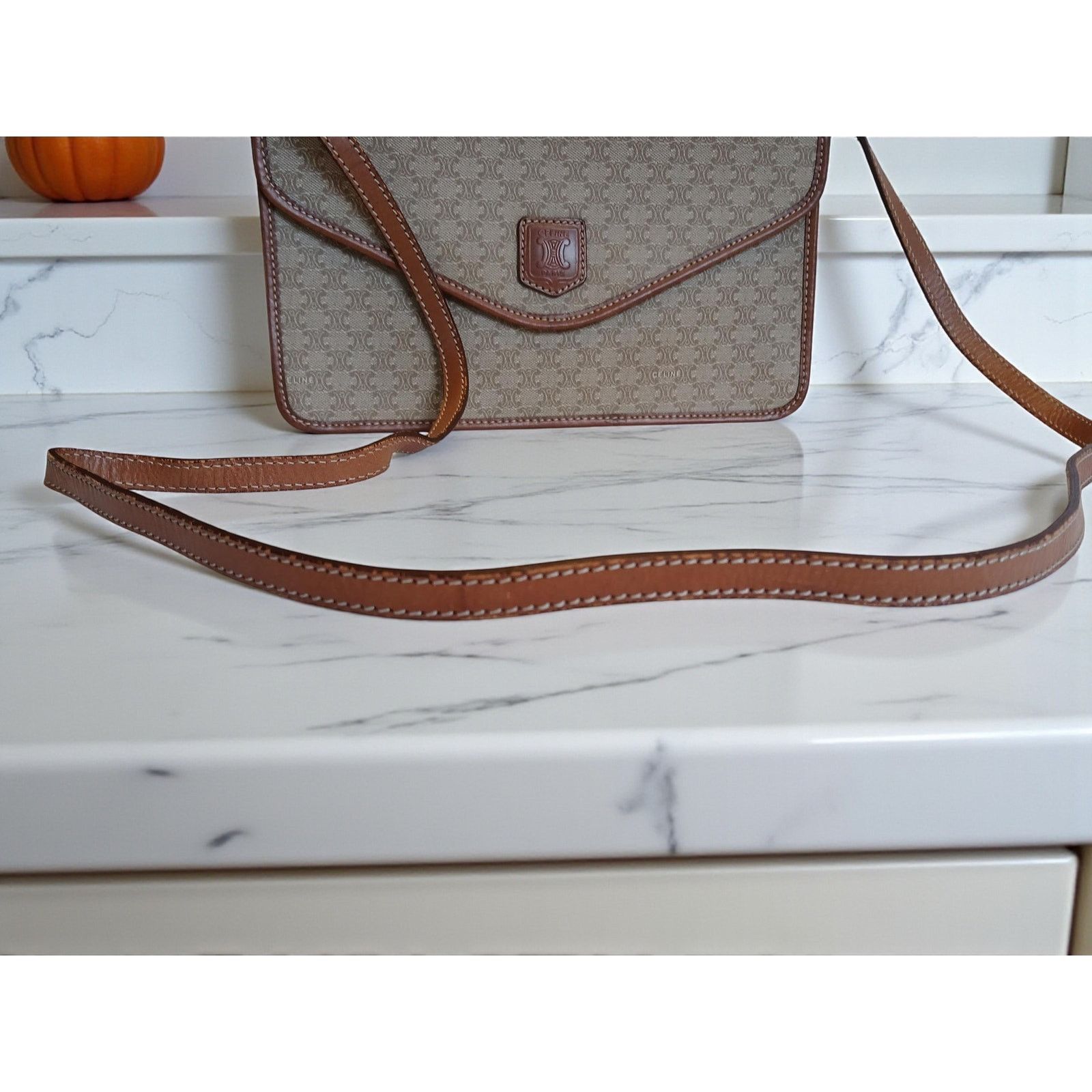 Celine Authentic Celine Triomphe Logo Macadam Beige Crossbody Bag Size ONE SIZE - 11 Thumbnail