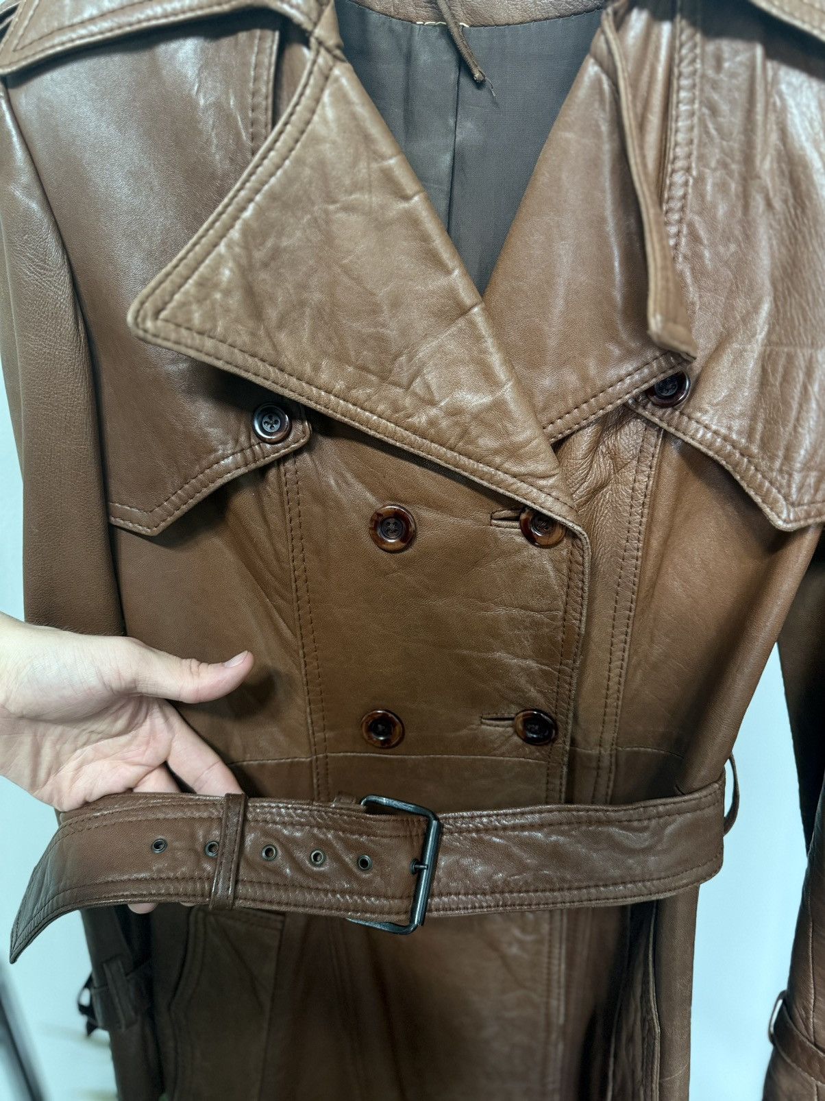 Other 80s Brown Leather Trench Coat Full Belt Wrist Buckles Size S / US 4 / IT 40 - 16 Thumbnail