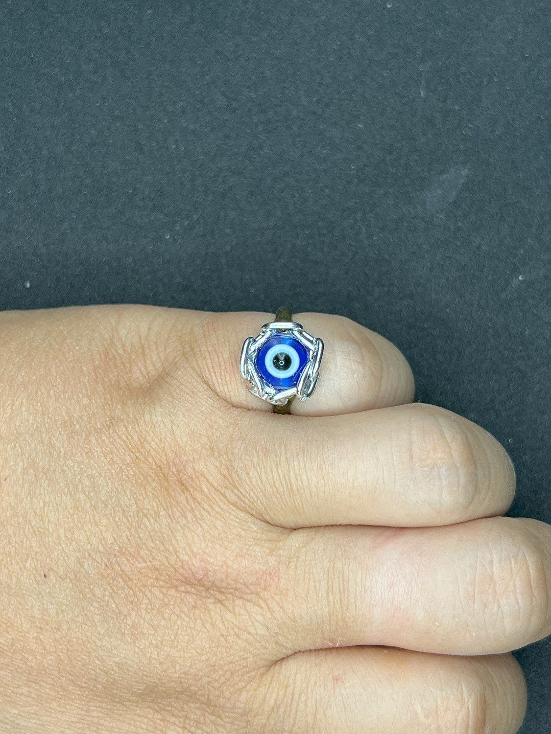 Handmade Evil eye bronze ring with chain - size 6 Size ONE SIZE - 3 Thumbnail