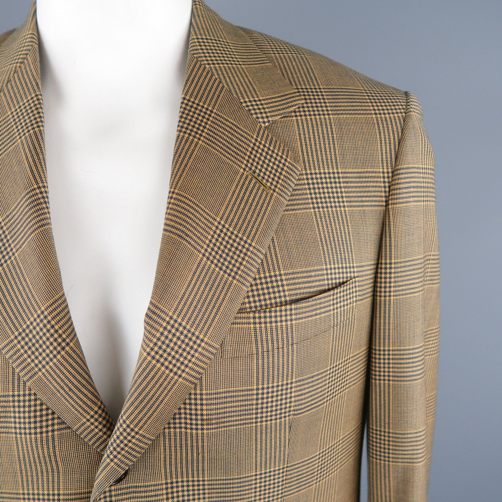 Brioni BRIONI 40 Regular Gold & Navy Plaid Wool Sport Coat Size 40R - 3 Thumbnail