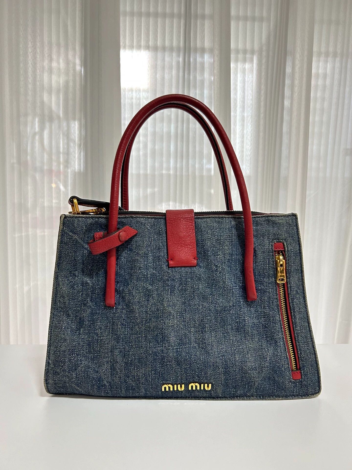 Miu Miu Miu Miu Denim Leather Panel Biker Tote Size ONE SIZE - 1 Thumbnail