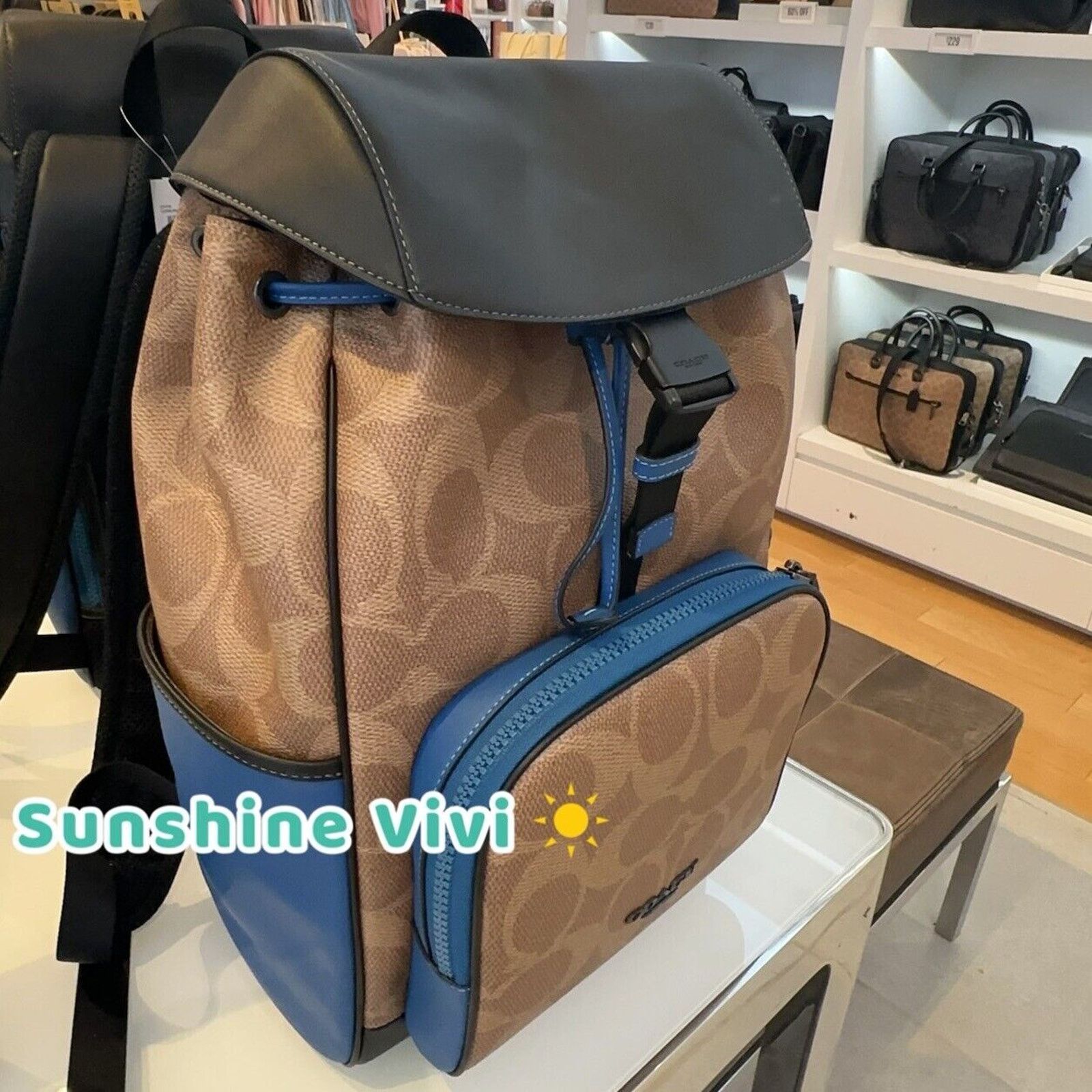 Coach NWT COACH CY775 Racer Backpack Canvas & Leather Tan/Blue Size ONE SIZE - 8 Thumbnail