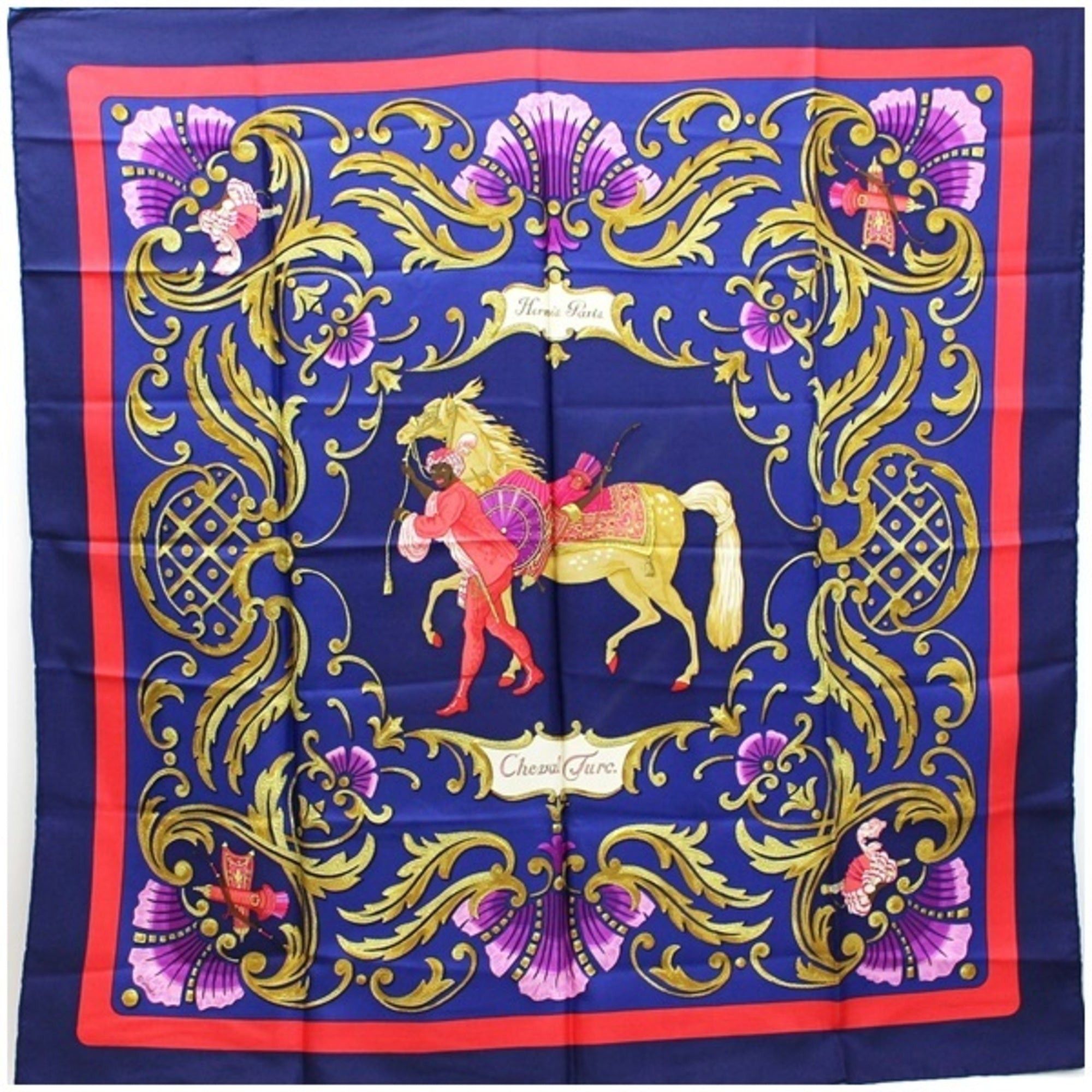 image of Hermes Silk Scarf Muffler Carre 90 "cheval Turc" Turkish Horse Women's in Black