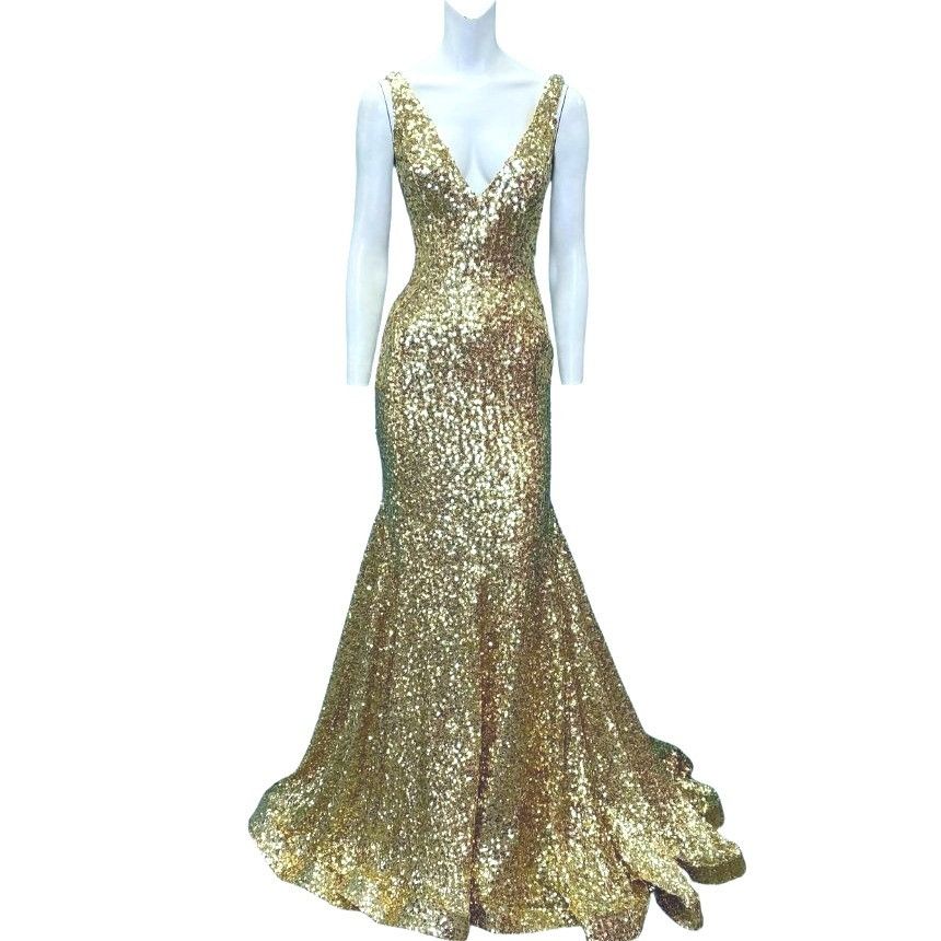 Designer Jovani Gold Sequin Open Back V-neck Prom Pageant Gown 23079 Size XS / US 0-2 / IT 36-38 - 1 Thumbnail