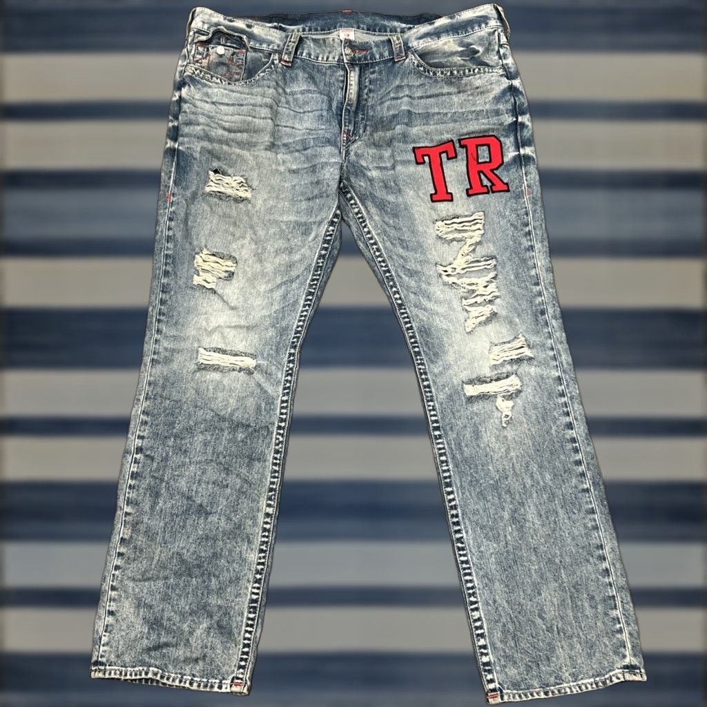 VINTAGE True Religion Jeans Straight 42 Mens Regular 42 Light Blue 90s Y2K TR Patchwork