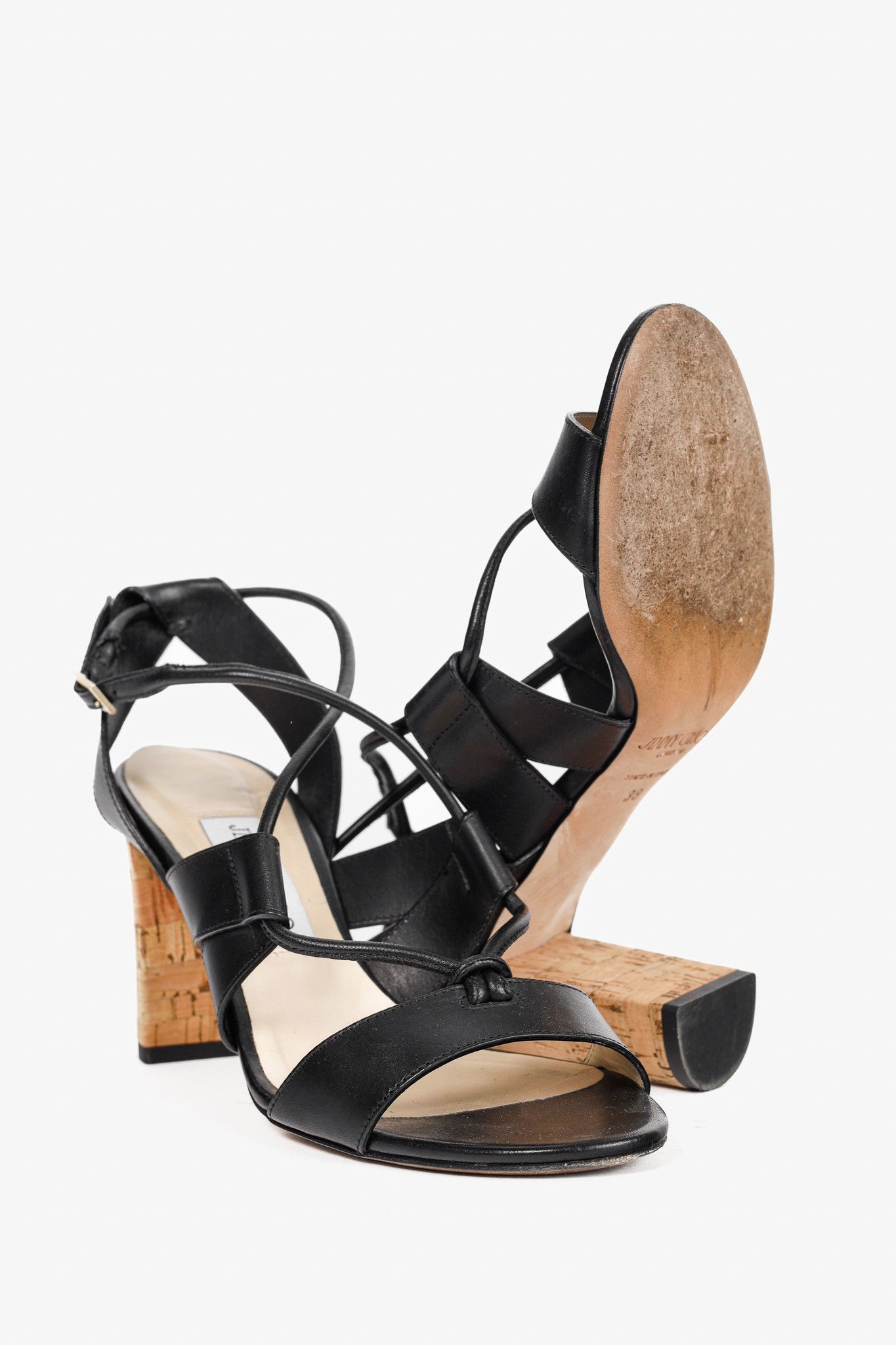 Jimmy Choo Jimmy Choo Margo Black Leather Crisscross Cork-Heel Sandals Size US 7.5 / IT 37.5 - 4 Thumbnail